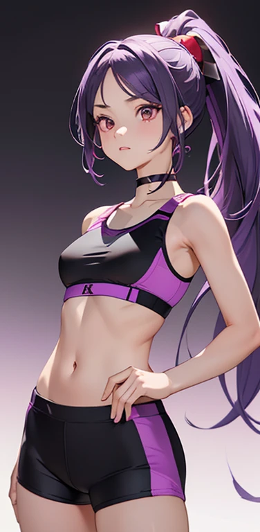 Beautiful legs, toned through exercise,(Her hair is long and wrapped in twin tails.:1.4),(hair is purple:1.4),Purple tank top and purple hot pants,(8k, RAW Photos, Highest quality, masterpiece:1.2), Heart-shaped pupils,Ultra-high resolution, Kodak Vision Color, Filmed with an Aricam LT camera, Bokeh, Sharp focus,
