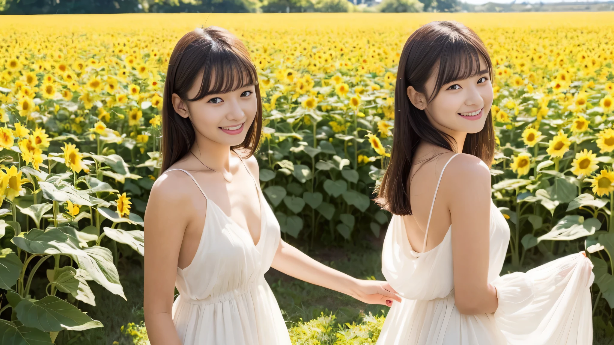 ((White Dress、flower field:1.2))、(realisitic、Photorealsitic、ultra-detailliert、Highest Details Skins、top-quality、​masterpiece、超A high resolution)、hotels room、sit on sofa、Realistic skin type、thighs thighs thighs thighs、simple background、Cute Japan person、17 age、younggirl、I have bangs、double eyelid、drooing eyes、Cute smile、Charming、purity、double tooth、View here、The wind is blowing、summer sunlight、Sunflower field、A woman stands in the distance、one woman standing far away、