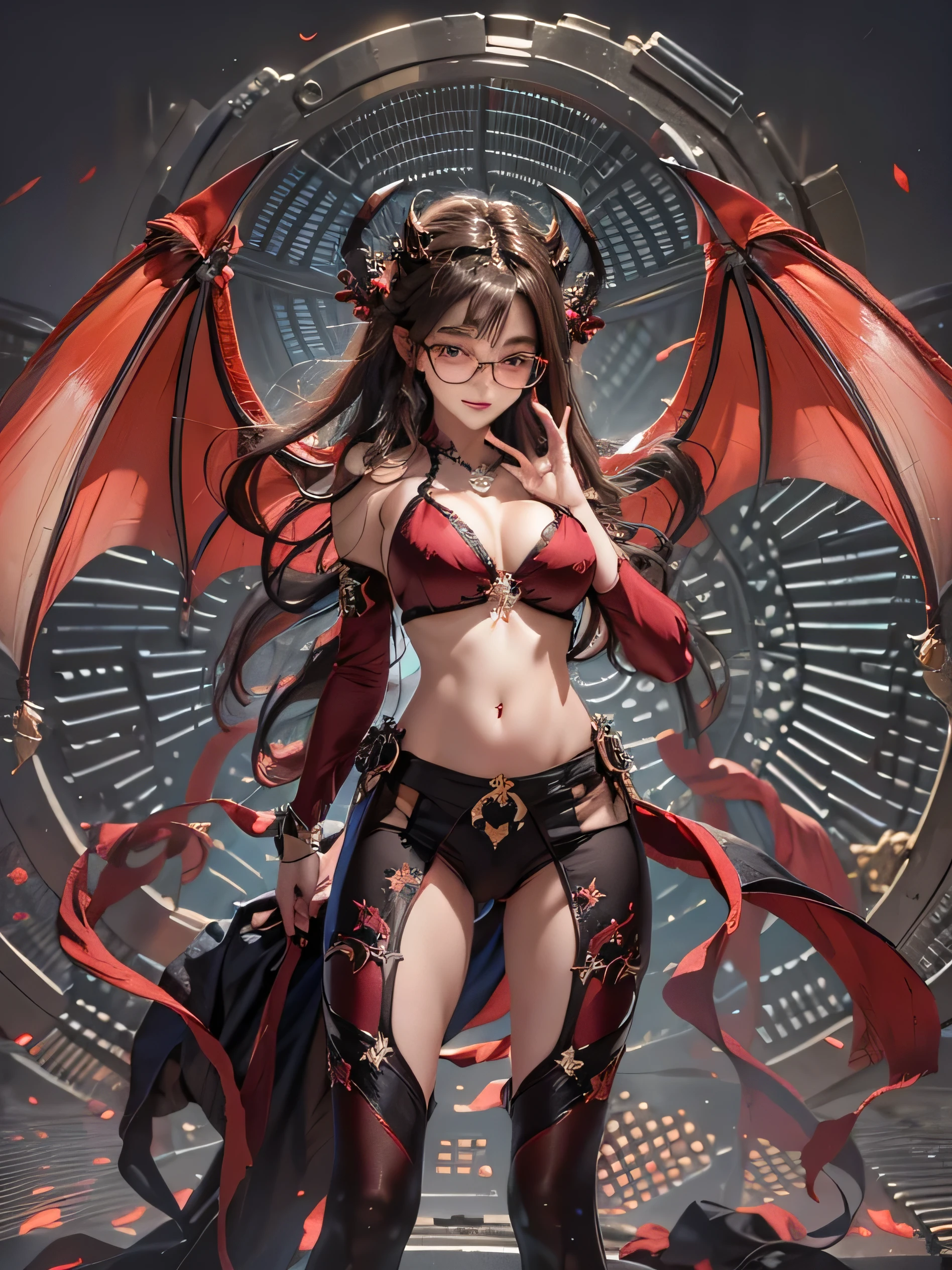 wonderful、(best illustrations)、8k UHD resolution、intricate details、highest quality、real、Super detailed、best writing、best shadow、soft writing、Ulutra HD、dungeon and dragon、cave、dungeon、necromancer、Natta、dark style、succubus、devil's daughter、bat wings、(((devil's round rim glasses))))、(((big breasts)))、(devil's tail)、(red eye emission:1.6)、masterpiece、beautiful expression、Tyndall effect、real photography、(high detail skin:1.2)、8KUHD、digital single lens reflex、high resolution、photograph、High resolution、disorganized、ponytail distortion、Best ratio 4 fingers and 1 thumb、1 girl、hair ornaments、Red sparkling gemstone necklace、jewelry、beautiful expression、body up、big breasts emphasis、tight waist、wide ass、Tyndall effect、photo real、(high detail skin:1.2)、pink nipples、Pink