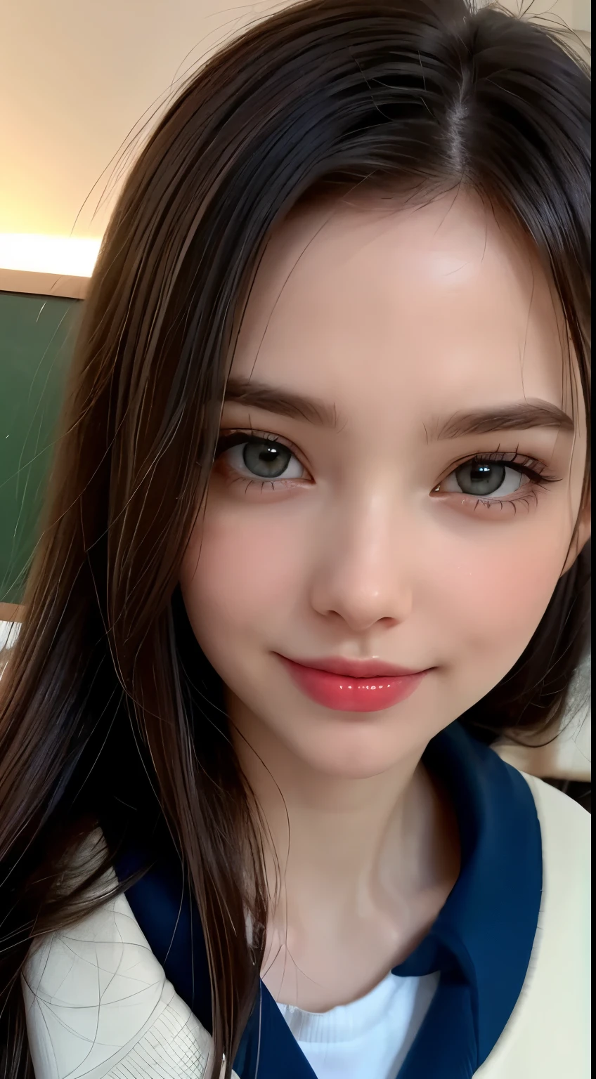 1girl in, Extremely cute, Amazing face and eyes, (Beautiful lovely smile), (extremely detailed beautiful face), bright and shiny lips,  Keep staring at me, Super beautiful, (School uniform:1.3), (Best Quality:1.4), (hyper quality), (Ultra-detailed), (Hyper-realistic, Photorealsitic:1.37), Authentic skin texture, Highly detailed CG integrated 8k wallpapers, RAW Photos, professional photograpy, Cinematic lighting,