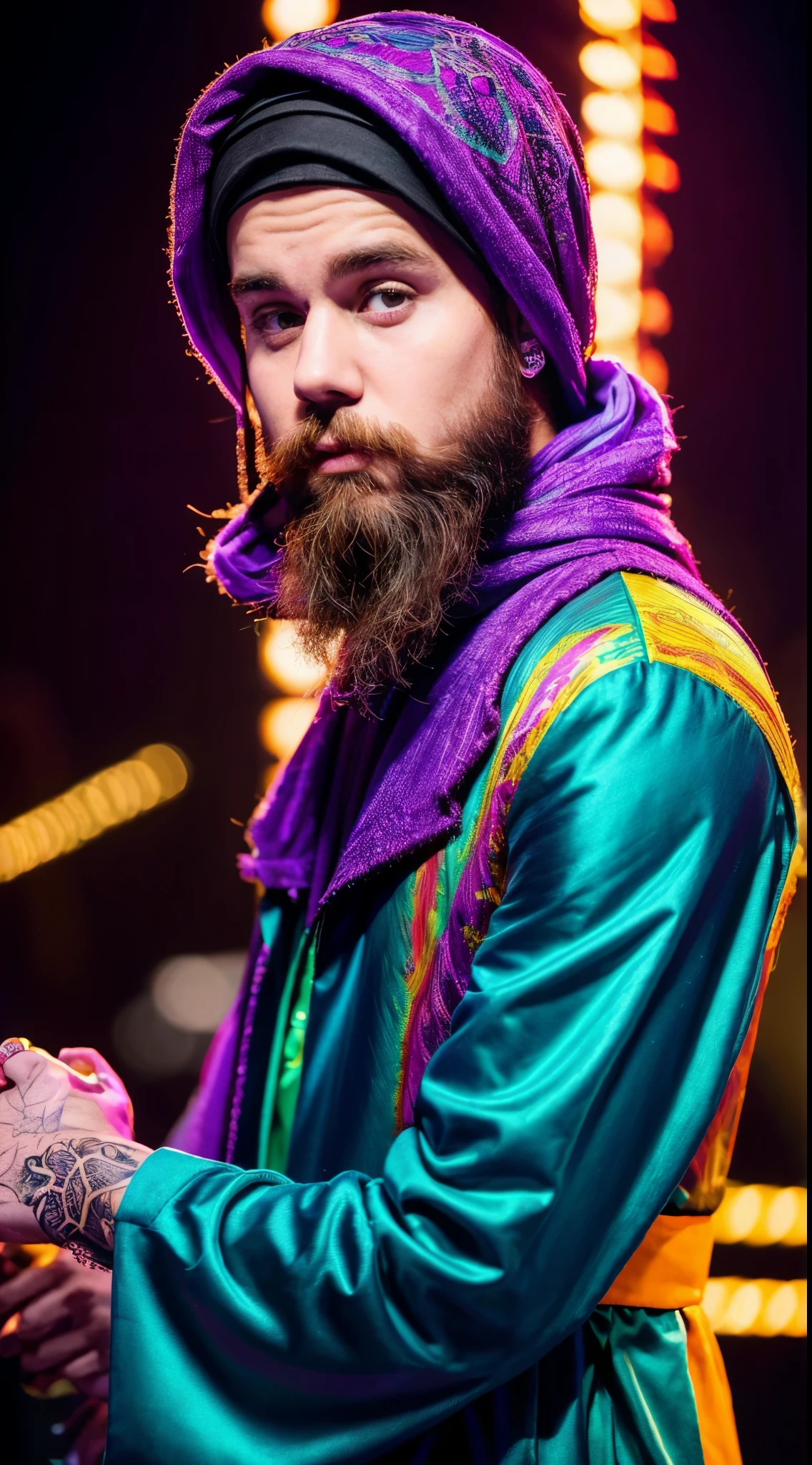 (best quality,highres),Justin Bieber wearing abaya muslim,beard:1.1,ultra-detailed,arm tattoos,vivid colors,dim lighting.