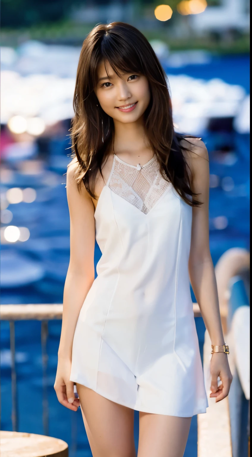 8k, table top, RAW photo, highest quality, realistic, Highly detailed CG Unity 8k wallpaper, Depth of the bounds written, cinematic light, Lens flare, ray tracing, (very beautiful face, beautiful lips, beautiful eyes), face with intricate details, ((highly detailed skin)) 1 girl, in the dark, deep shadow, cute korean girl, K-POPアイドル, 1 girl, (very slim and slender fit muscular body:1.3), ((looking at the viewer)),(big smile:1.3), (Ocean, (blurred background)),(no people in the background:1.3), beautiful earrings, bracelet, necklace, pantyhose, clear eyes, walk, (white skin), (Big eyes), look forward, ((full body shot)), ((Thin sheer silk hot pink color mini dress)),(brown hair), (See through), (looking at the viewer:1.3) open chest, very slim, Bust D cup, medium breasts, See through,
