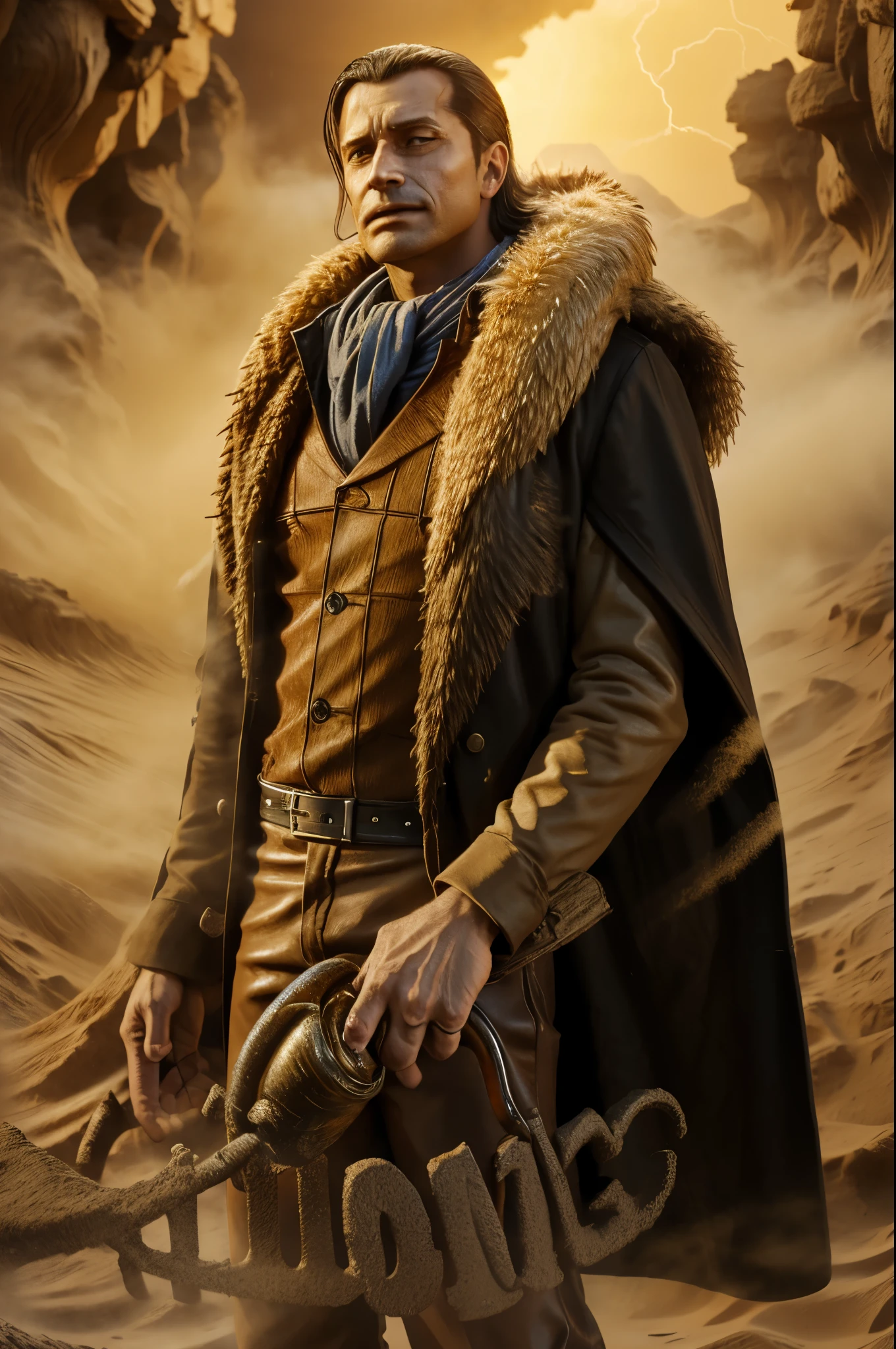 masterpiece, best quality, extremely detailed, hyperrealistic, photorealistic, a cool 40s man, ultra detailed face:1.2, fur-trimmed coat, scarf around the neck, his left hand is a golden pirate hook:1.1, in sandstorm:1.2
