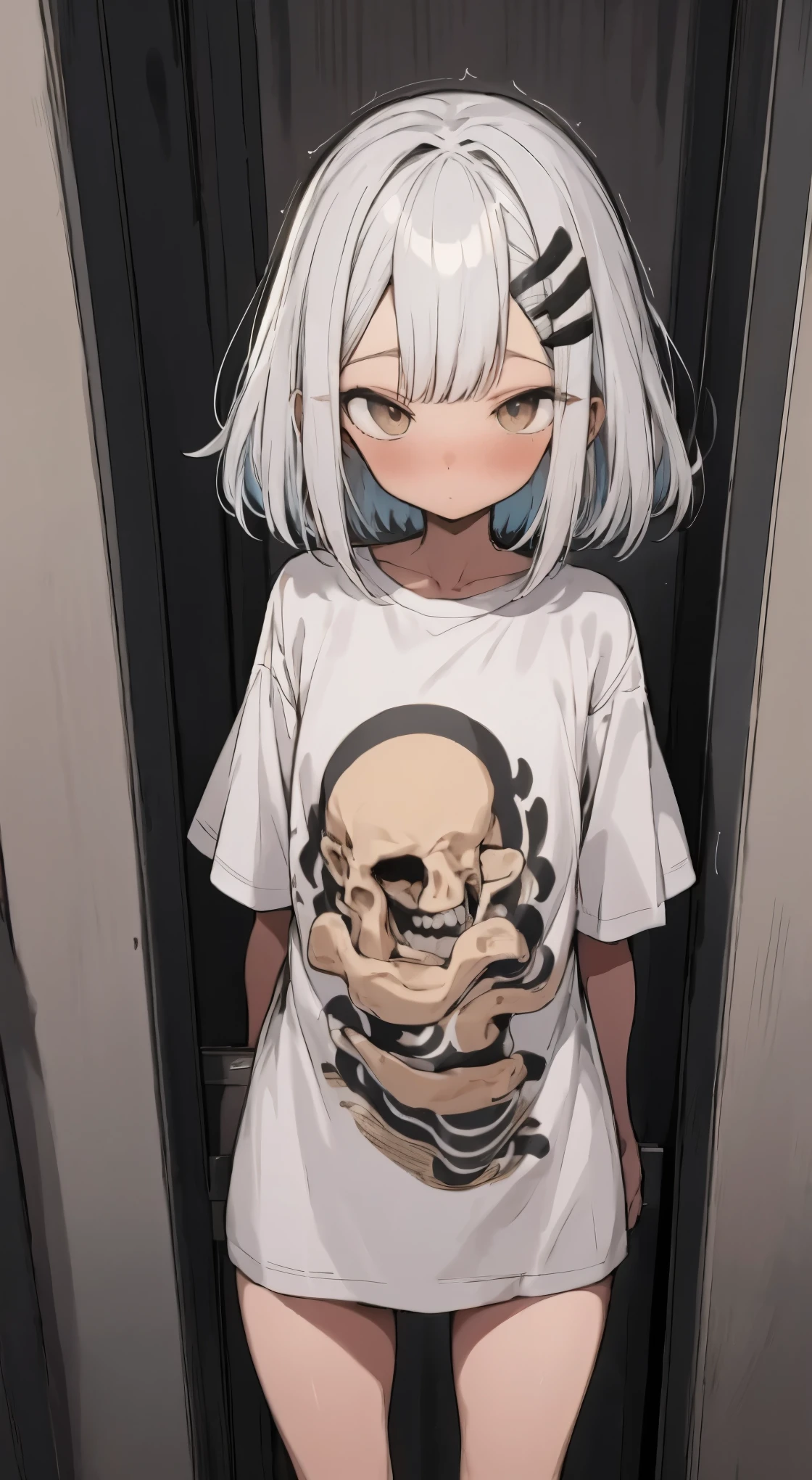 emale body, perfect lighting, high quality, highly detailed,((masterpiece)),((extremely detailed)),((((bikinisighting)))),(((lookingatviewers)))),((sidelighting)),(perfect anatomy,human girl, human female,volumetric lighting, ((best quality)),((single human girl)),((((upper body)))),((extremely detailed eyes and face)),((church)),((annoyed)),((ink)),((illustration)),depth of field,((frown)),((expression)),((red eyes)),((((white hair)))),((extremely detailed)),((watercolor)),((anime face)),(skull on dress),(((yokozuwari))),((detailed skeleton chorg/anime), fov, (extremely detailed CG unity 8k wallpaper), trending on ArtStation, trending on CGSociety, High Detail, Sharp focus, dramatic, photorealistic