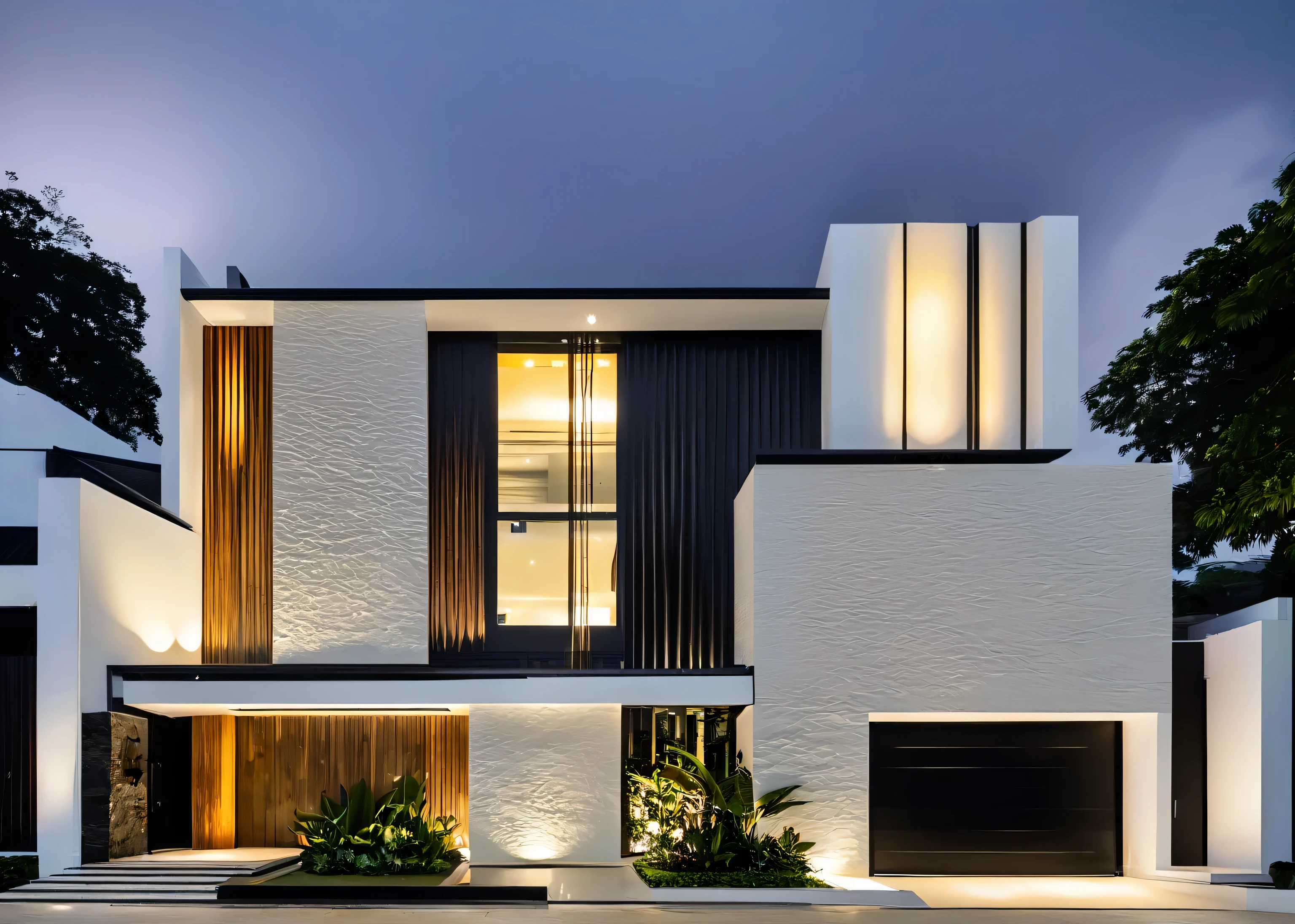 raw photo, outdoor (residential architecture exterior:1.3) 1 house architecture, (elegant), singapore tropical modern house style, white wall and rock and black steel and wood, (luxury home with exquisite finishing 1:3)(wood), eacutful tropical garden, wảm yellow light in the interior, dark night sky