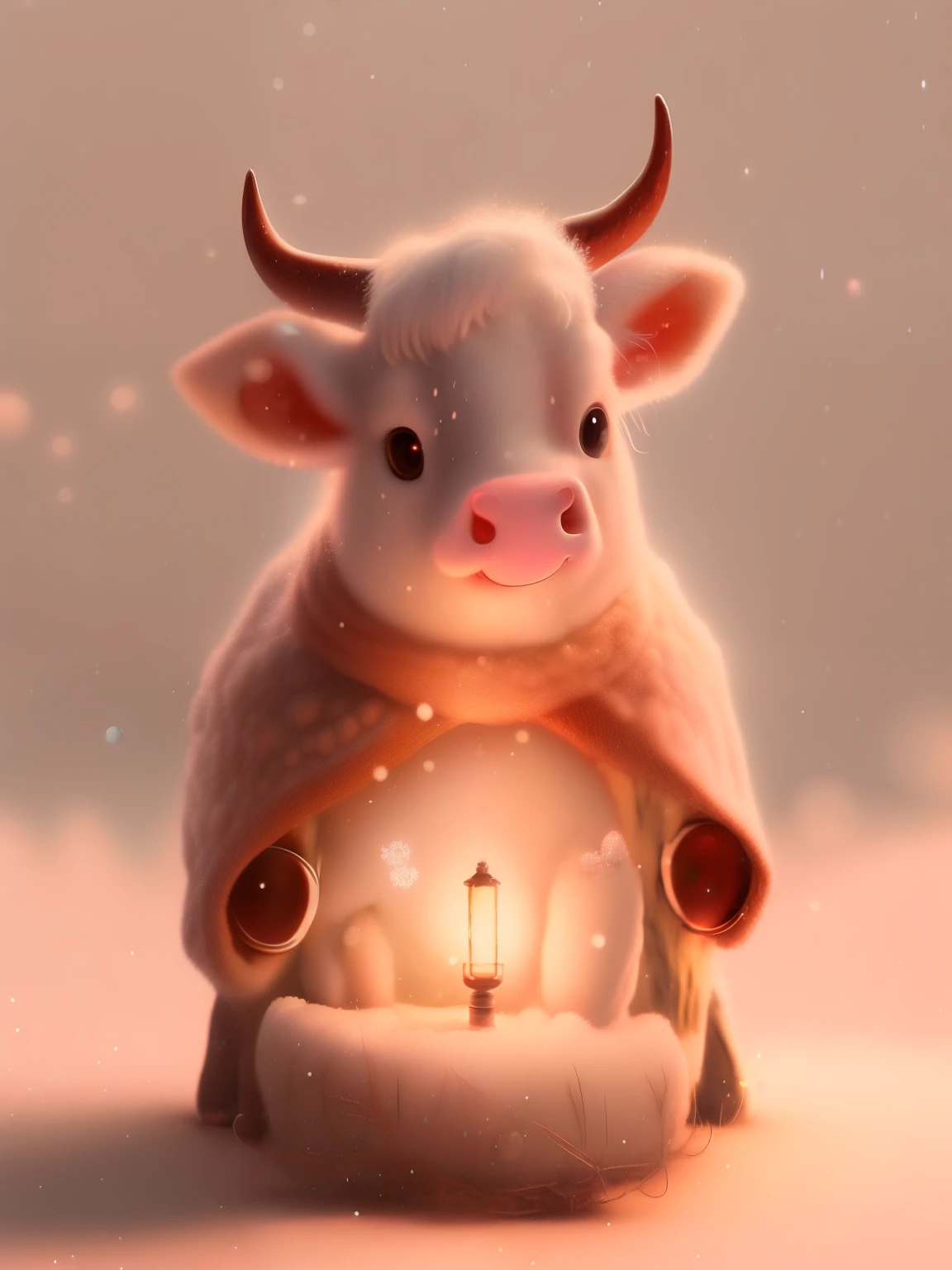 there is a 小牛 that is sitting in the snow with a light, cute numbers, Lovely 3D rendering, Lovely and detailed digital art, cute numbers艺术, Beautiful digital art work, dairy cow, author:Tadeusz Plushkovsky, author:Adam Malczynski, Behance Art Contest Winners, author:Artur Tarnovsky