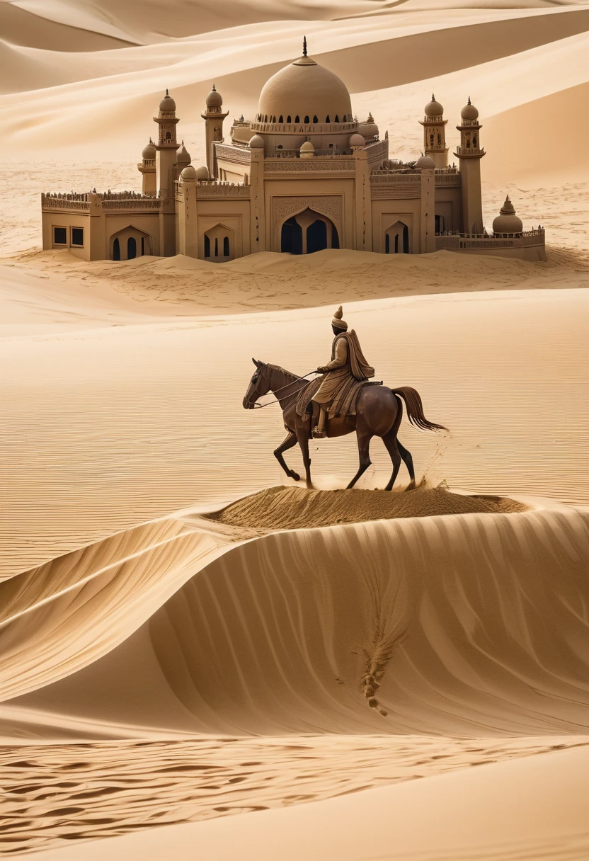 A breathtaking sand sculpture of a traditional mosque and a majestic Knight riding a huge horse. The scene is set against undulating sand dunes, with a large "Fedya" inscription prominently displayed. The prime angle view showcases sharp lines on the object, water, and non-sand colors and textures. There are no people, buildings, or cars in the image, creating a serene and untouched desert landscape.
