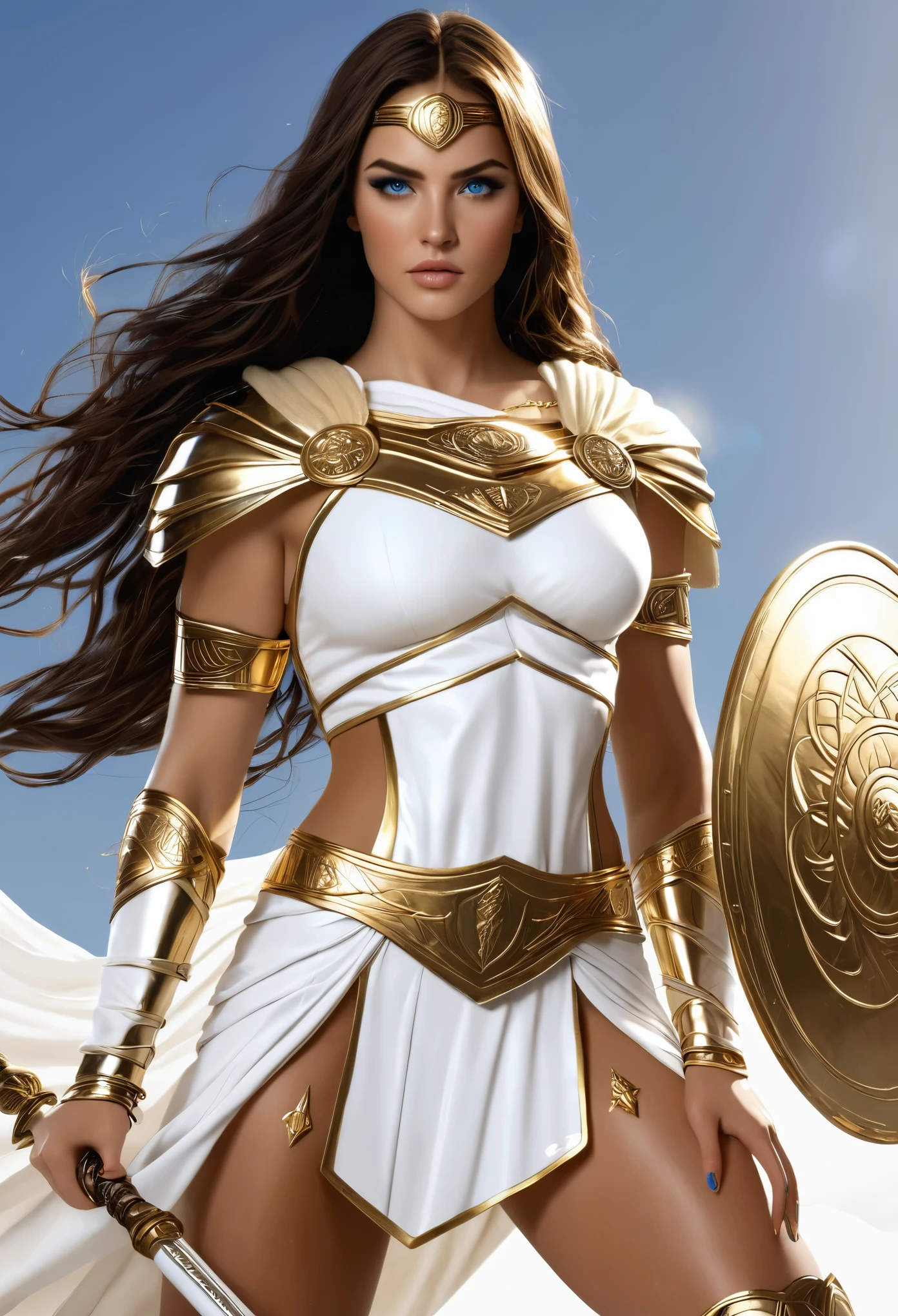  sexy Greek warrior female superhero who is a demigoddess , blue eyes and long dark brown hair . She wears a white and gold outfit , she has bracelets that are gold, and has long white boots with a golden outline . she holds a long spear and a shield, she also wears a golden stash around her waist) 