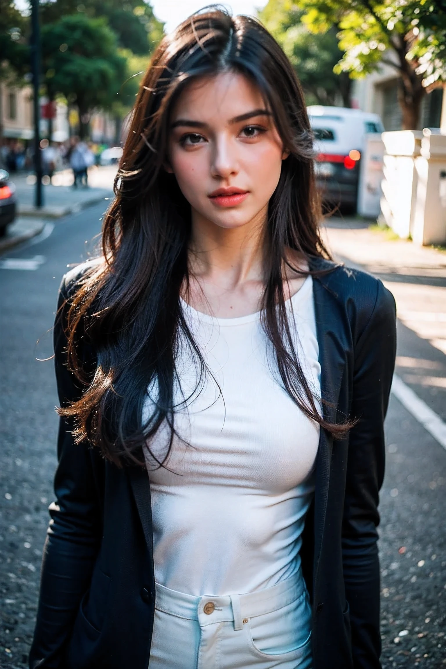 Realistic photography, long hair woman , Single wire, road