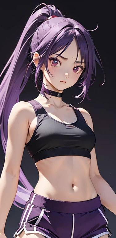 (8K、highest quality、masterpiece:1.2)、anime coloring、super resolution、Realistic、(1girl) 、(purple gradient hair,ponytail)、long straight hair,(red eyes)、(forehead:1.2),(face focus,upper body),(black sports bra,black sports shorts:1.3)、(clear face:1.3),(cute face)、,(small breasts).gradient background