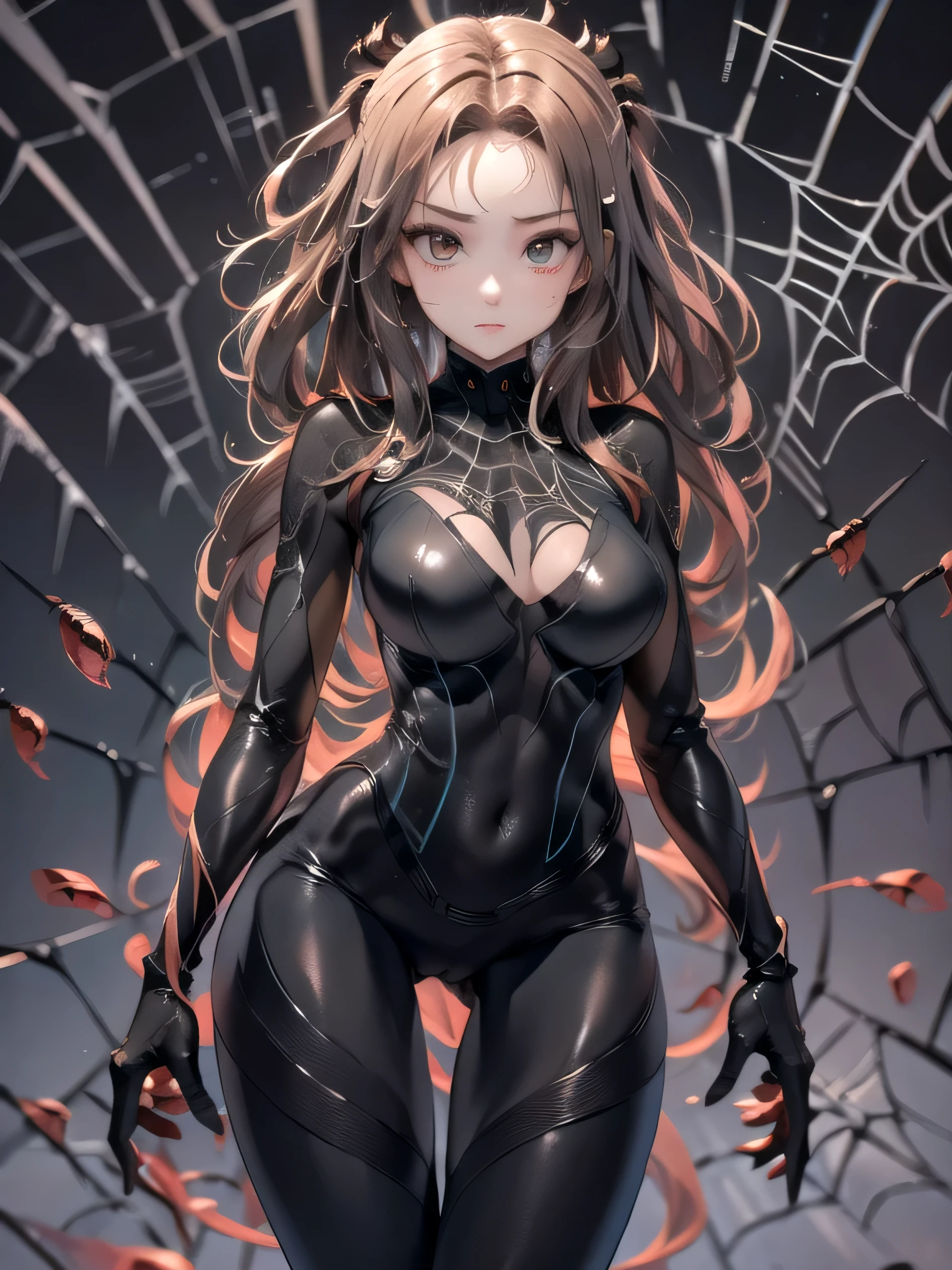 cinematic lighting、Super thick skin、Beautiful quality with attention to detail、cyber punk、spider woman、(alternative、dull tone、calm tone:1.3)(1 beauty、Beautiful face in every detail:1.3)(Bewitching Black Spider Tight Suit:1.7)(Nunja~well-shaped chest、Arachne tattoo on chest、Arachne:1.2) (look back、squat、raise your hand:1.2)(Two arms grow on your back:1.4)(body fluids attached to the body:1.4)spiderweb、The white body contains Arachne threads.。(elation:1.4)