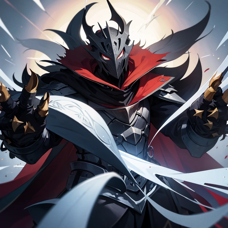 a villains with a claws in the hand, element power of wind, and claws are only on one hand, he wearing a mask, wearing a knight clothes, and the claws