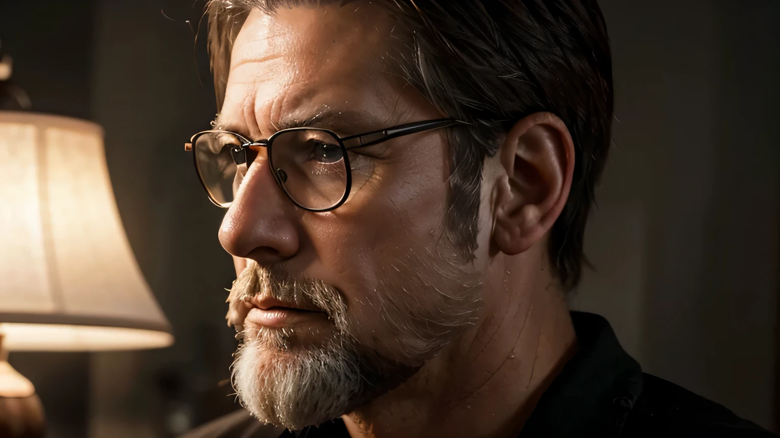 closeup of a right side profile of an American man in his late 50's. he has very white beard and he seems to be thinking of something and there is a small lamp to his right side. He is also wearing glasses. and he looks so mature. Cinematic, ultra realistic,4K,HD,insanely detailed, studio lights, hyper realistic ,lifelike texture, dramatic lighting