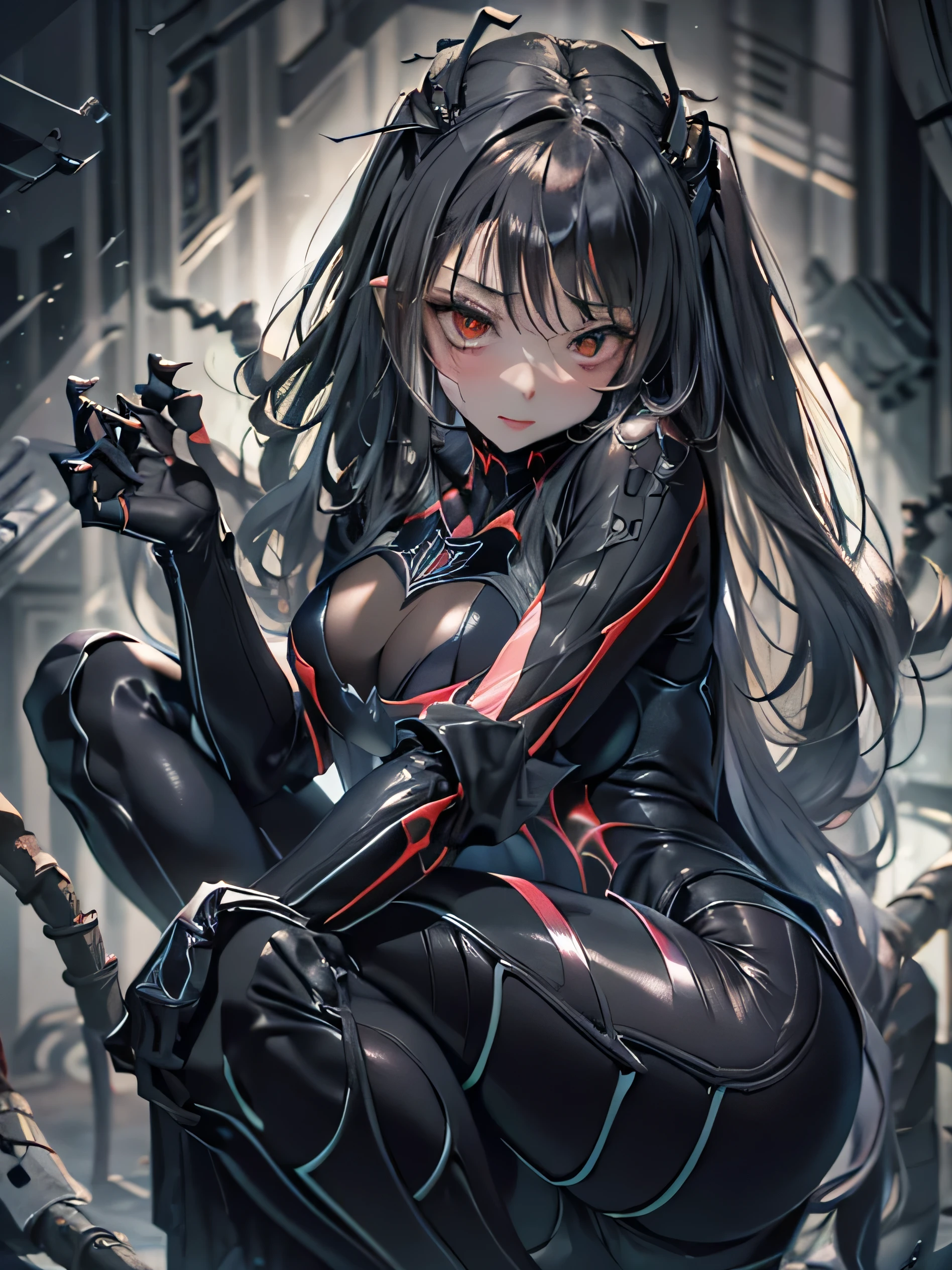 cinematic lighting、Super thick skin、Beautiful quality with attention to detail、cyber punk、spider girl、(alternative、dull tone、calm tone:1.3)(1 beauty、Beautiful face in every detail:1.3)(Bewitching Black Spider Tight Suit:1.7)(Nunja～well-shaped chest、Arachne tattoo on chest、Arachne:1.2) (look back、squat、raise your hand:1.2)(Two arms grow on your back:1.4)(body fluids attached to the body:1.4)spiderweb、The white body contains Arachne threads.。（elation：1.4）