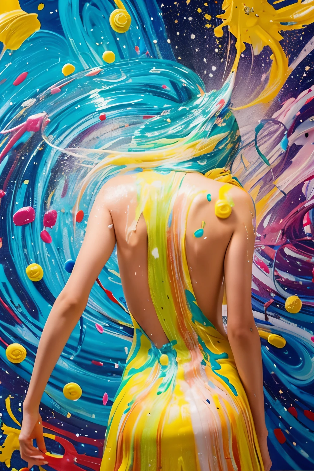 A painting that looks like it was drawn with paint, showing a girl standing with her back turned among many soap bubbles.