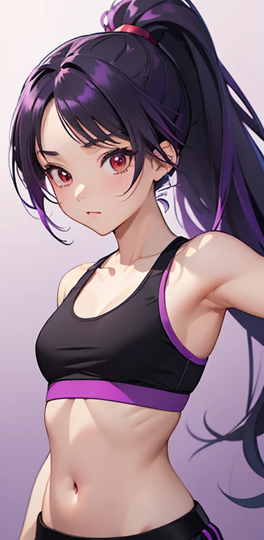 (8K、highest quality、masterpiece:1.2)、anime coloring、super resolution、Realistic、(1girl)  、(purple gradient hair,ponytail)、long straight hair,(red eyes)、(forehead:1.2),(face focus,upper body),(black sports bra,black sports shorts:1.3)、(clear face:1.3),(cute face)、,(small breasts).gradient background