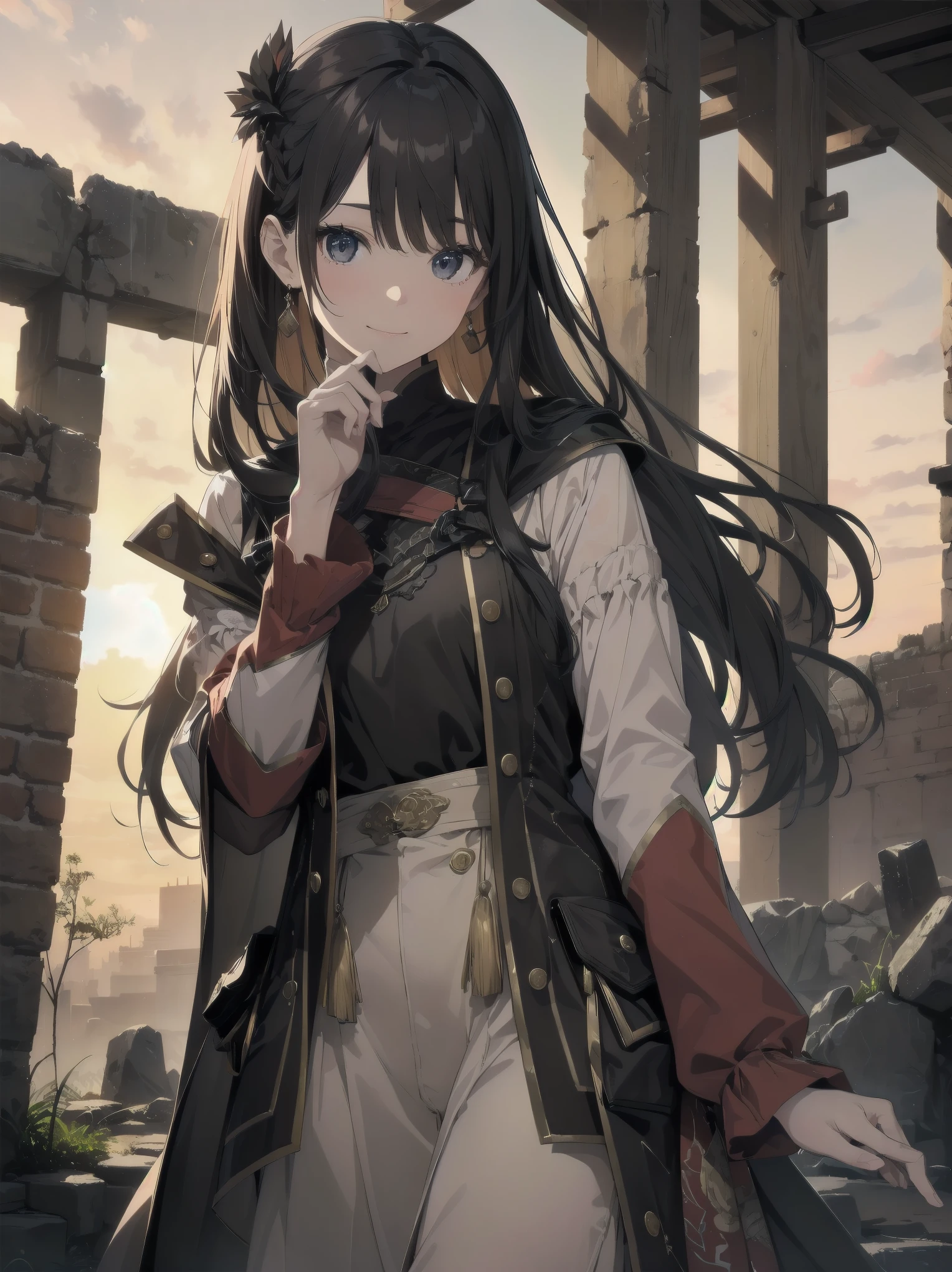 masterpiece ancient ruins: A female explorer、Exploring ancient ruins under the sunset。She has a neat and beautiful face、Wearing clothes with realistic textures。her clever gesture、catch the audience's attention。The texture of the stone of the ruins and the artistic shading effect、It is part of this masterpiece。 A scene from a movie: the main heroine、He plays an active role in dynamic action scenes.。she has perfect features、wearing brightly colored costumes。A magnificent landscape spreads out in the background、A scene from a movieを彩ります。 cute main heroine: The main heroine is、She is a girl with a cute smile and big eyes.。She wears clothes with realistic textures、Artistic shadow effect appears on her face。Her neat atmosphere and clever gestures、will capture the reader's attention。