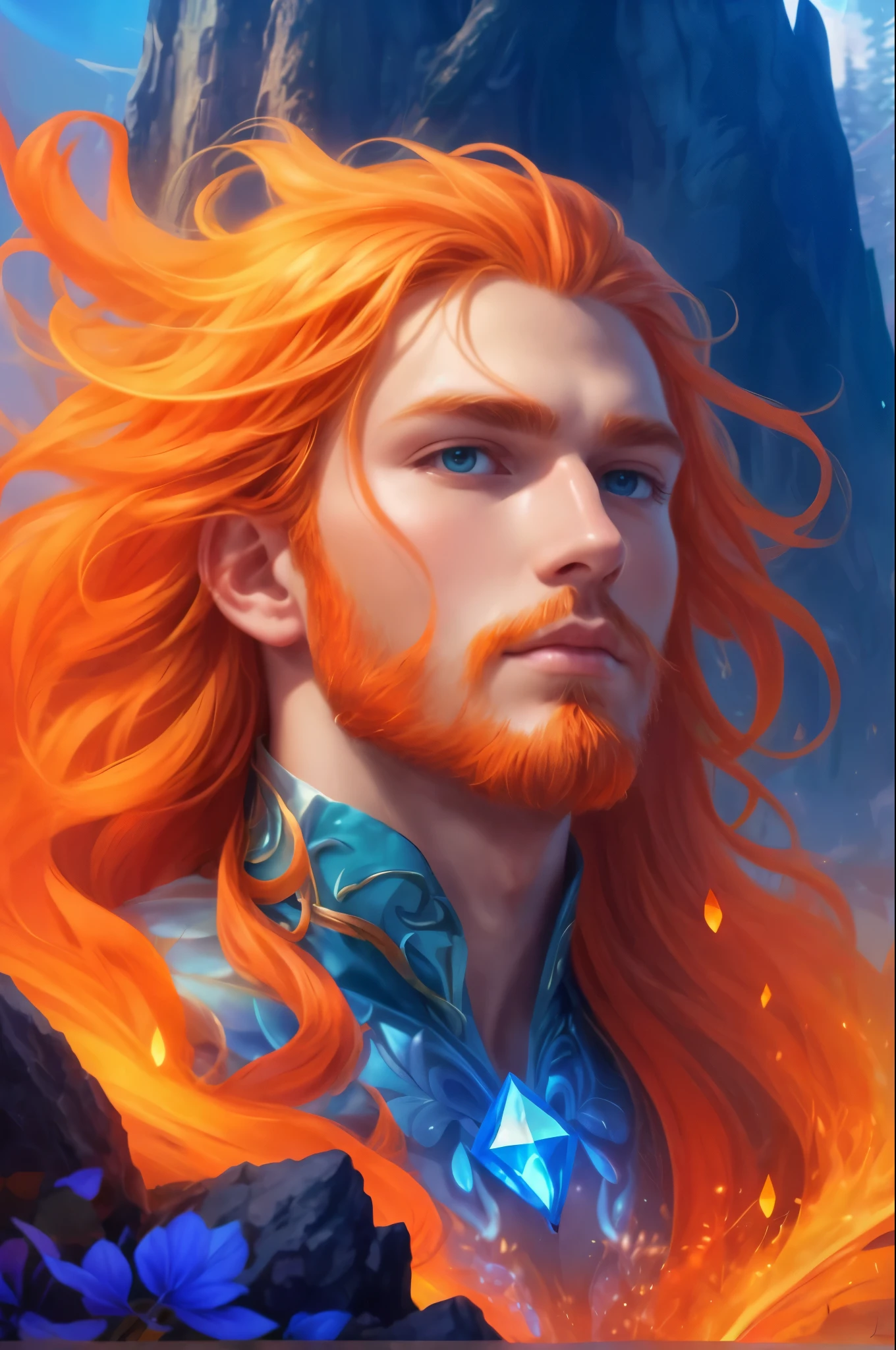 Create a mesmerizing digital painting depicting the serene beauty of an enchanted forest scene. In the center of the scene, portray a young handsome man, with flowing orange hair, little beard, azure orange eyes, wearing a cool crystal dress. Capture him graceful presence as he interacts with the natural elements around him, infusing the forest with an aura of tranquility and magic.