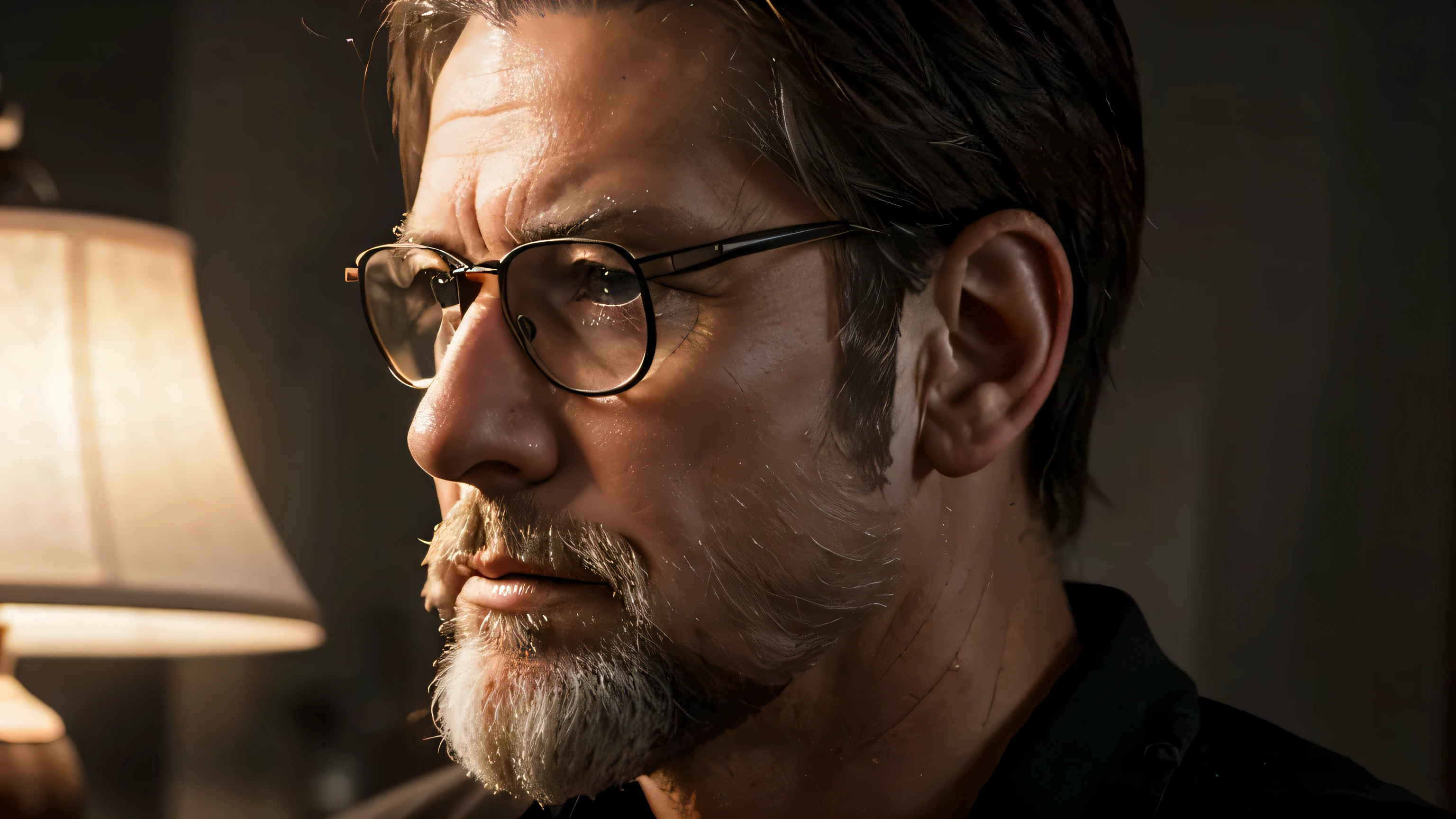 closeup of a right side profile of an American man in his late 50's. he has very white beard and he seems to be thinking of something and there is a small lamp to his right side. He is also wearing glasses. and he looks so mature. Cinematic, ultra realistic,4K,HD,insanely detailed, studio lights, hyper realistic ,lifelike texture, dramatic lighting