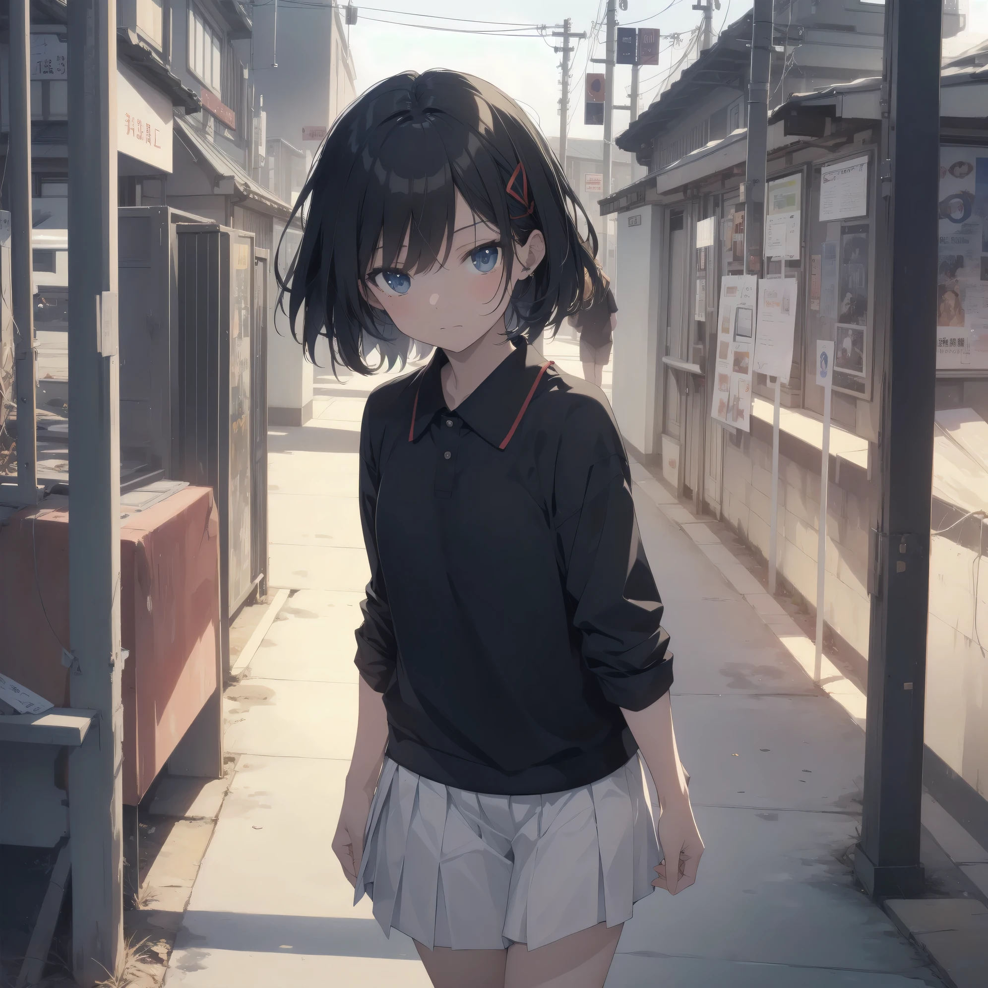 Super absurd quality by the god of art, super detailed, High resolution, anime moe art style, Best Anime 8K Kona-chan Wallpaper, pixiv contest winner, perfect anatomy, break, (眠そうにalone学校へ行く女の子を描いてください. )break,1 girl, (alone,little woman, cute face, :1.3),All limbs, full finger,, The charm of an immature body, (very_short hair), shortcut, Bang, flat chest, small ass, between legs, small black eyes, detailed and beautiful eyes, Well-proportioned iris and pupils, expressive eyes, High resolutionの詳細な髪, neck ribbon, shirt, collared shirt, skirt, pleated skirt, school uniform, (detailed lighting), (detailed background), On the way to school. break,super dense skin, Best cinematic lighting powered by famous artist, 8k,Beauty Illustration,photoshop_(Moderate),Absurd Hi-Res,Hmm,rough skin,break,((artist:Fujiyama)), artist:Fujichoko,artist:Yamamoto_Soichiro,artist:hanekoto