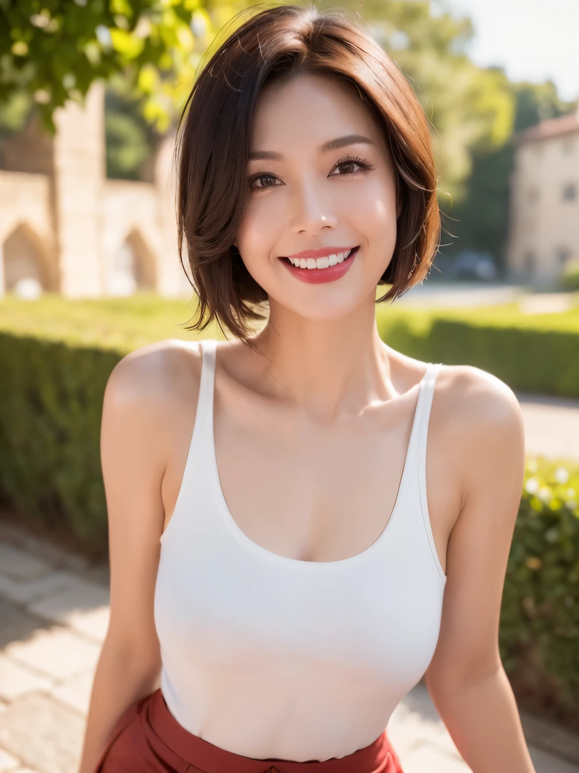 (38 years old), (Silver Bra Top:1.2),(White wool pants)、(Japanese)、 double eyelid, eyelash, Red Lip gloss, (smile:1), ((close your eyes:0.85)), (Looking at the audience、Are standing), (From above:0.2)、尖ったRed Mouth、(reddish brown wet shiny short hair),Red Mouth,clavicle、 (Photorealistic:1.3),(RAW Photos),(woman standing in front of an old castle, Beautiful lawn, Squirting, Bright sunshine in the city of Modena, Italy) , 8k, Very detailed, highest quality, Rough skin, Anatomically correct, masterpiece , highest quality, Cinema Lighting, Use perspective throughout , Surrealism , ,(Realistic:1. 3),(RAW Photos) , Black Hair, light smile, short hair, Bobcut, Anaglyph, Stereogram, (Mature Woman:1), (38 years old), ((close:0.5)), Glare, double eyelids, Lip gloss, (smile:1), ((close your eyes:0.85)), Red Mouth, clavicle, ((Looking at the audience)), (short hair of reddish-brown color wet and shiny,), (The whole body is visible) , Slightly thick body type , My eyes widened.. , Perfect round eyes , Fine texture