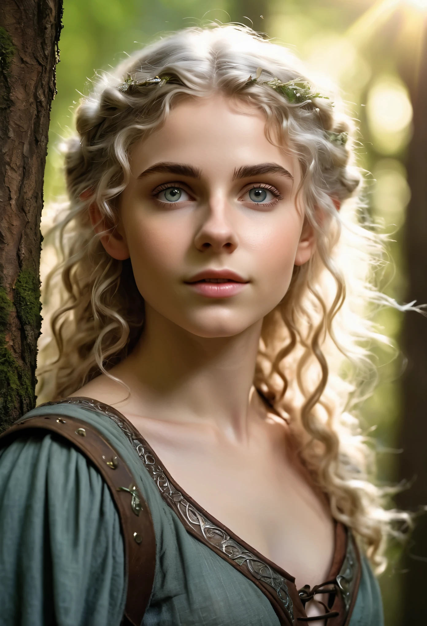 (Realistic:1.4), 18 years old elf ranger in the forest, pale curly disheveled hair, delicate features of a thin face, cute sexy, perfect full body, Fantasy style, 8K, proffesional photography, Hi-Def, lifelike skin, Without cosmetics, background of the Middle Ages, The sun shines its rays through the treetops, bokeh