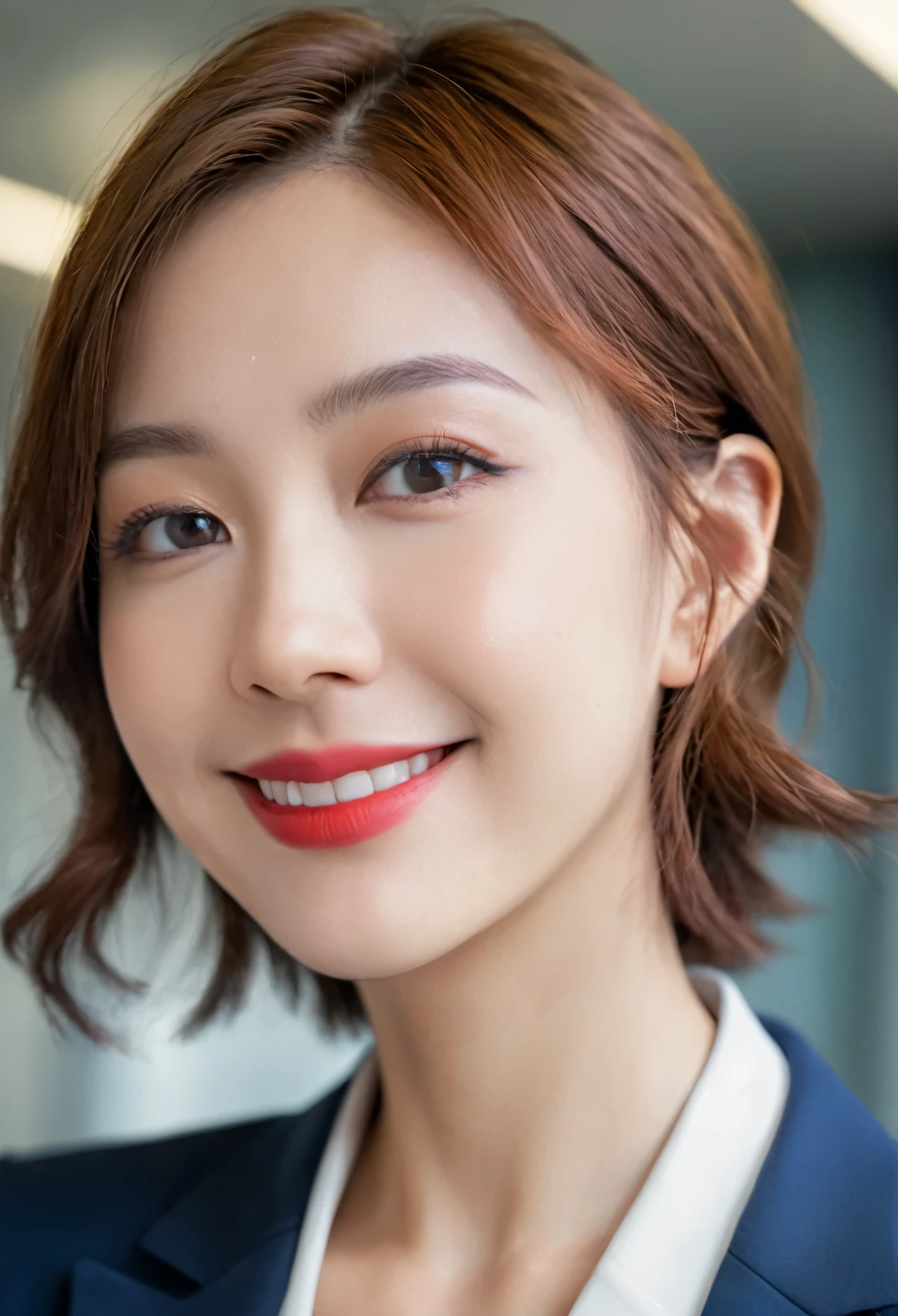 (38 years old), (dark blue business suit:1.2), (dark blue wool pants), double eyelids, eyelashes, red lipstick, (smile:1), ((close your eyes:0.85)), (looking at viewer, standing), (from above:0.2), pointed red mouth, (auburn hair), (wavy short hair), collarbone, (Photorealistic:1.3), (RAW photo), (Haneda Airport departure lobby, in front of airline counter, bright sunlight, modern architecture), 8k, super detailed, top quality, clean skin, anatomically correct, masterpiece, top quality, cinematic lighting, perspective throughout Use , Surrealism ,(Realistic:1. 3),(RAW photo), Smiling, Anaglyph, Stereogram, (Mature female:1), ((Close:0. 5)), Glare, Double eyelid, ((looking at viewer)), Slightly thicker body type, Wide-eyed, Perfectly round eyes, Fine texture