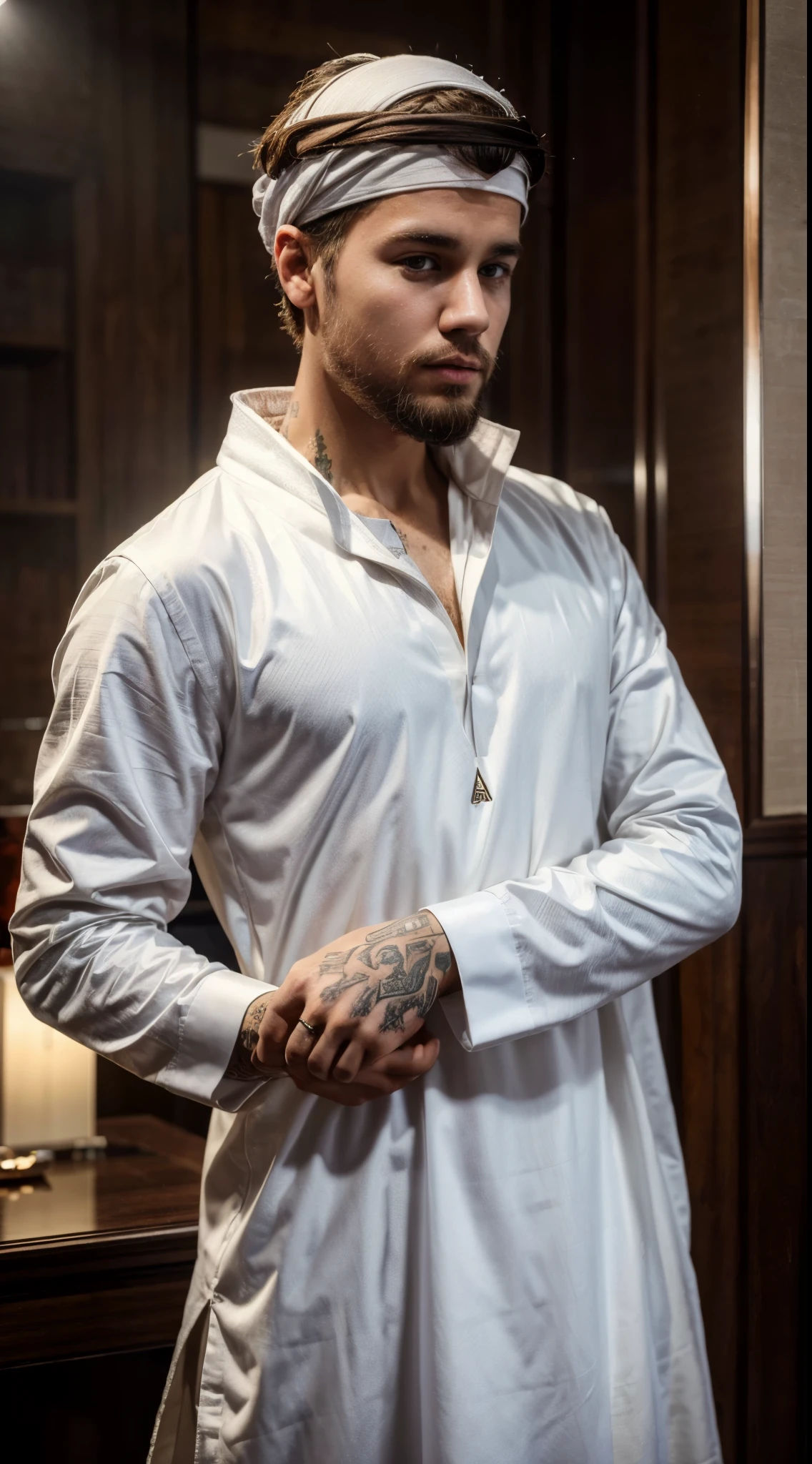 (best quality,highres),Justin Bieber wearing thawb white,beard:1.1,ultra-detailed,arm tattoos,vivid colors,dim lighting.