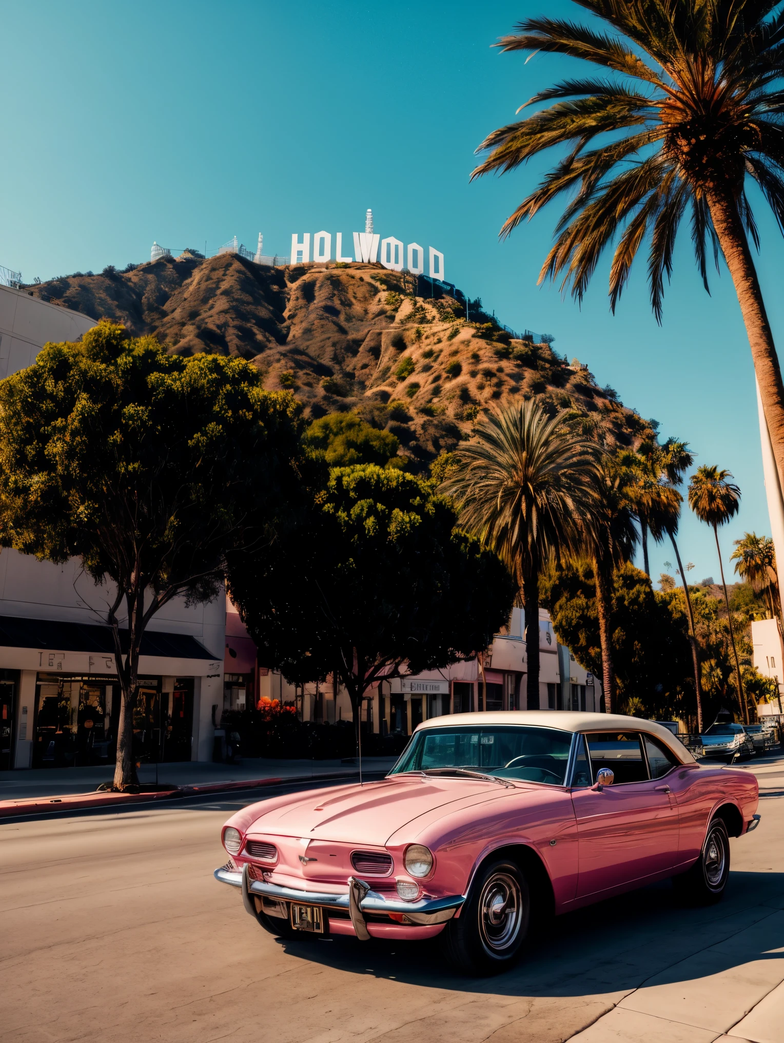 create rodeo drive photo, in soft pink ratio, dof, with a pink conversive car in center, hollywood sign in background, palms, vivid scene, front view
