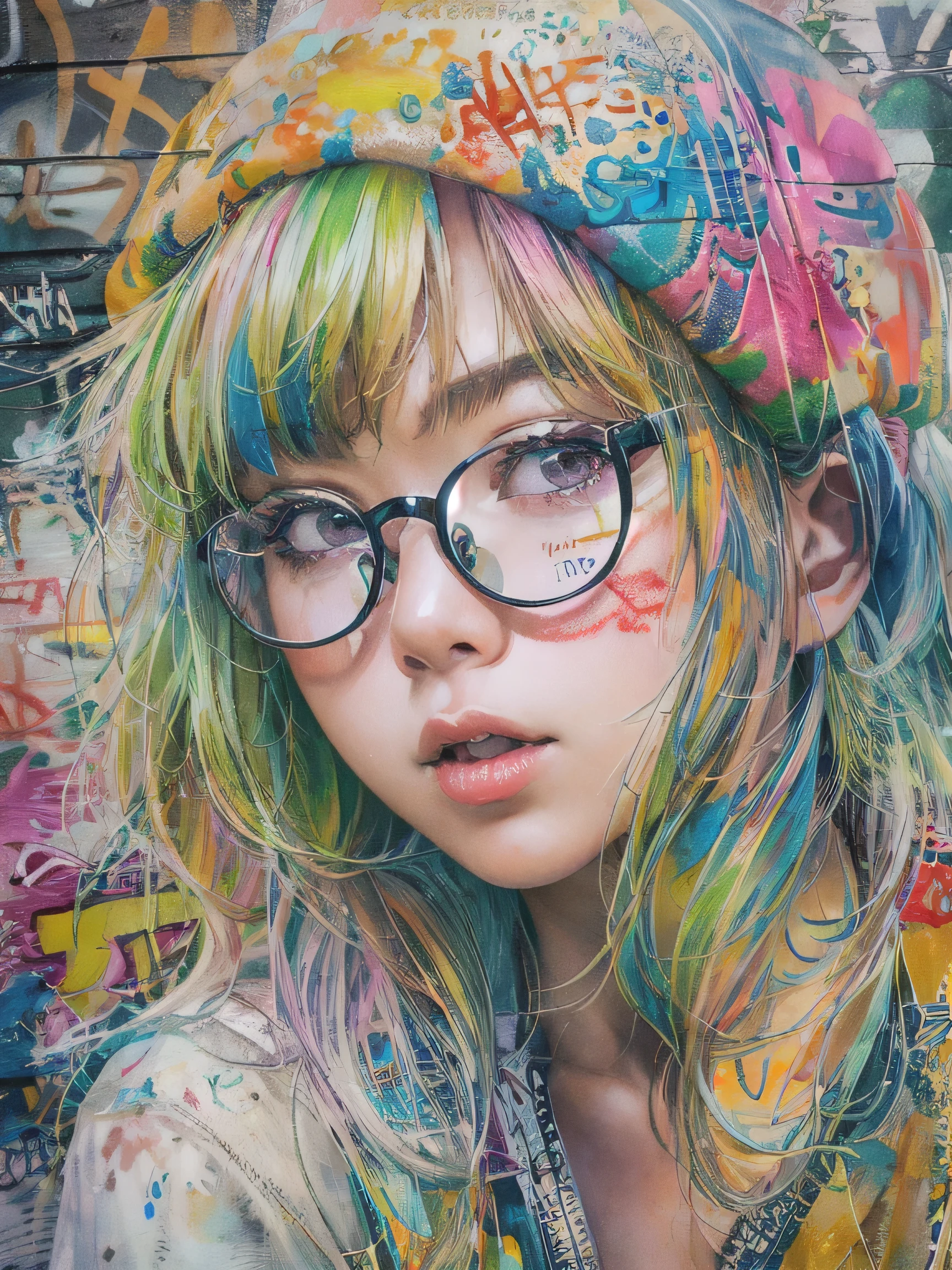 8K quality, watercolor painting, stylish design, (((The strongest beautiful girl of all time))), (((Japanese))、AKB48、clear, stylish glasses, Fashionable hats, (((highest quality))), bob hair, Place your hands on the wall, HDR, ((Detailed details)), stylish fashion, detailed clothing texture, (((graffiti art))), colorful hair, ((masterpiece))、((Super detailed))