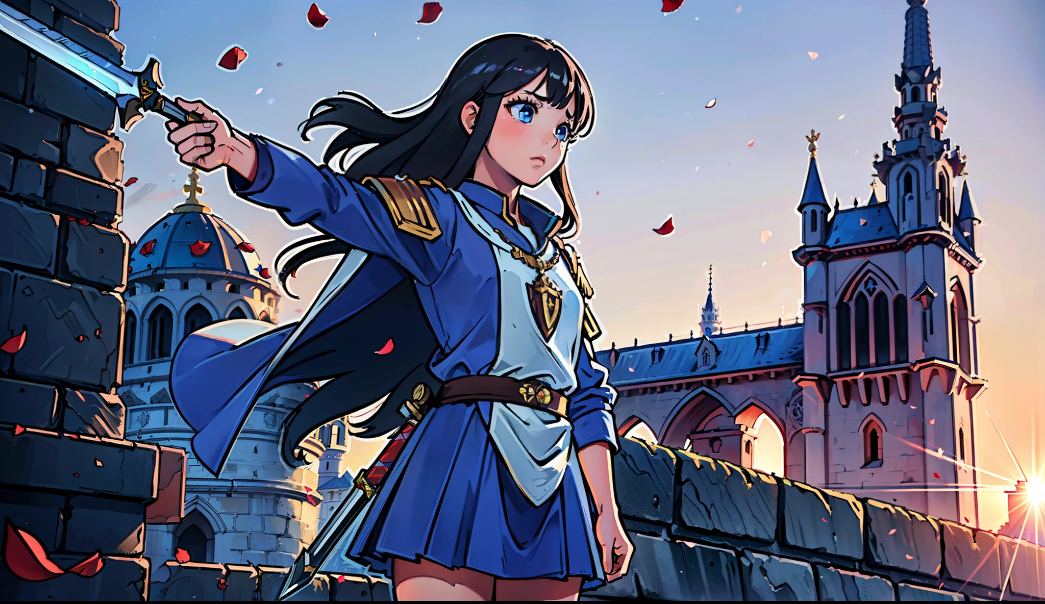 (RAW photo, highest quality), (realistic, realistic photo: 1.3), highest quality, (very detailed), (masterpiece), (super detailed)), figure, 1 girl, (beautiful eyes), upper_body, dynamic angle, world mastery theater, (floating hair), highest quality, (very detailed CG 制服 8k 壁紙), ink, wonderful, cinematic lighting, lens_flare, ((3D)), to know, f1.8, paladin, athena, claymore, sword, rose petals, crown, shoot from top to bottom, Standing atop a tower overlooking the medieval city
