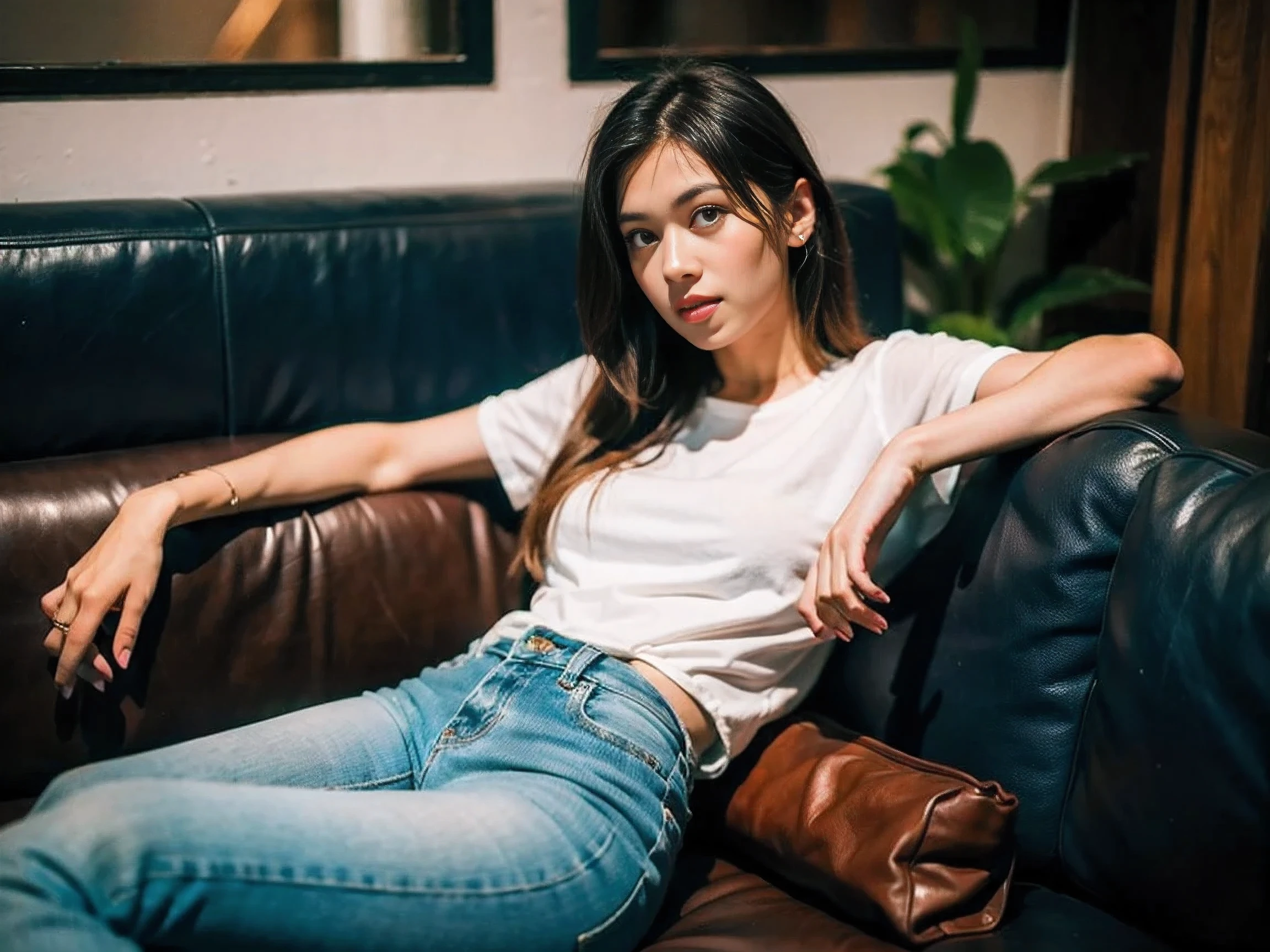 Realistic photography, long hair woman , t-shirt, jeans, sitting on the sofa