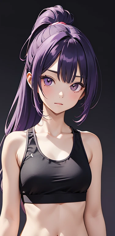 (8K、highest quality、masterpiece:1.2)、anime coloring、super resolution、Realistic、(1girl) 、(purple gradient hair,ponytail)、long straight hair,(red eyes)、(forehead:1.2),(face focus,upper body),(black sports bra,string panties :1.3)、(clear face:1.3),(cute face)、,(small breasts).gradient background、(muscular:1.5)