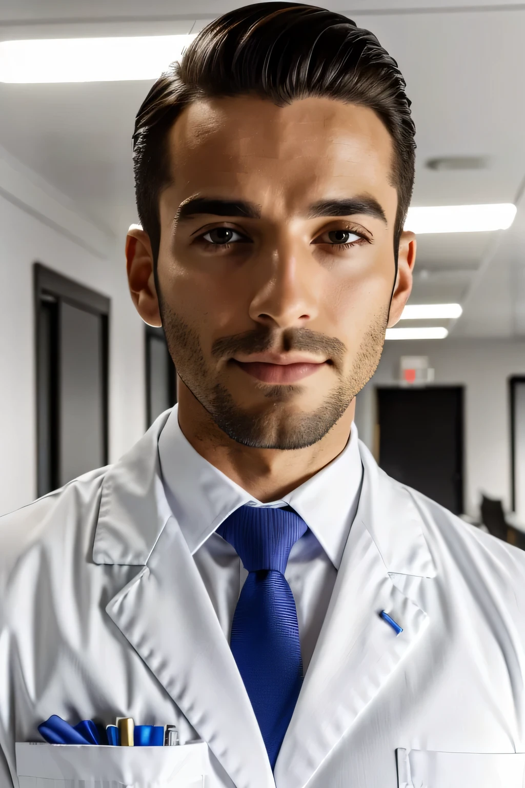 Wearing a white suit、Arafad man in tie sitting at table, photo of a man, sitting at desk, Put on doctor uniform, Corporate photos, handsome man, Professional portrait HD, Wearing a white doctor's uniform, sitting at desk, a photo of a man, Handsome and attractive, Professional profile photo, attractive man, sit behind the desk