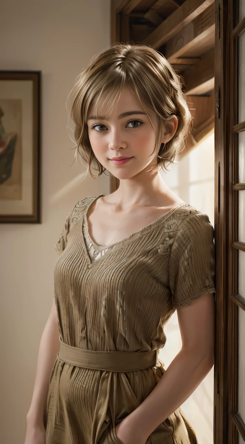 102 (a 18 yo woman,is standing), (A hyper-realistic), (high-level image quality), ((beautiful hairstyle 46)), ((short-hair:1.46)), (Gentle smile), (Keep your mouth shut), (trompe l'oeil), ((trickart))