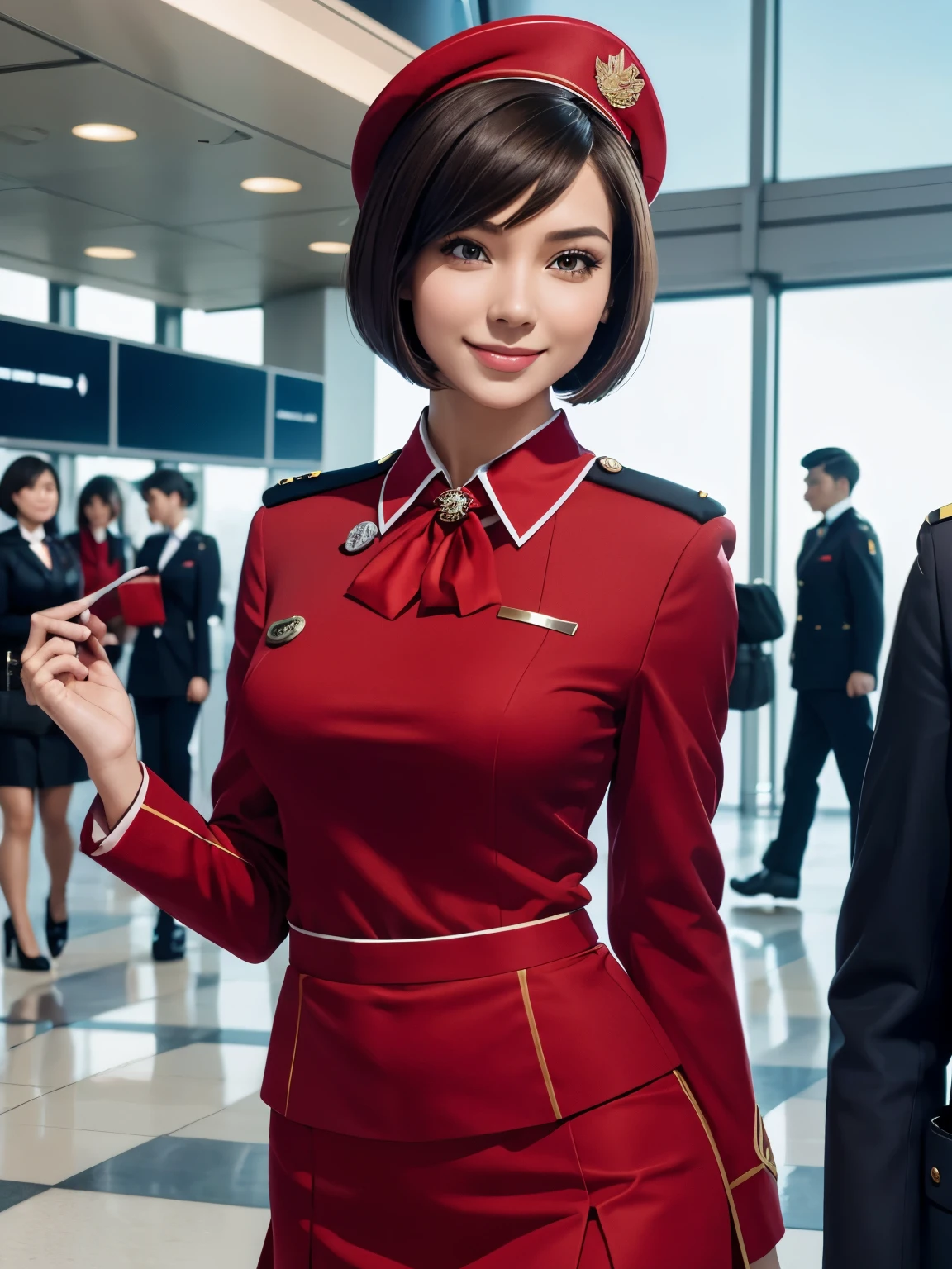 A group of flight attendants. Red leather dress jacket. Students. Very formal. Line up.