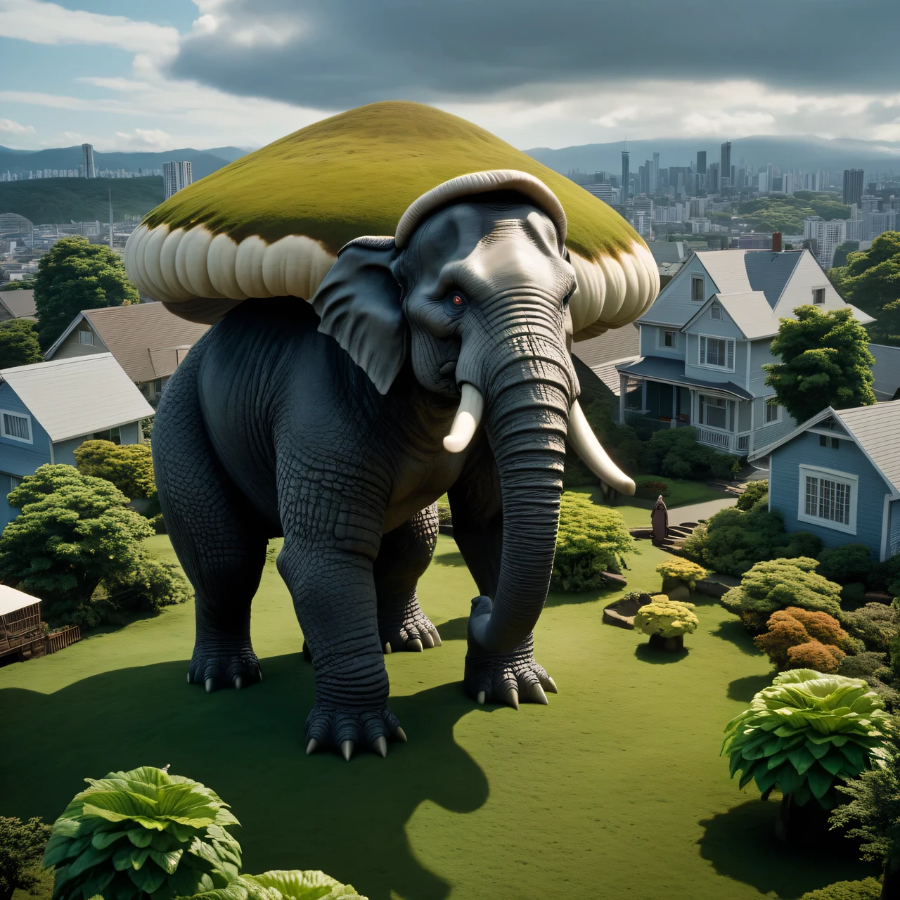 Photo frame from the film Godzilla if instead of Godzilla, the film featured a giant creature, looks like a giant anthropomorphic mushroom, connected to a giant elephant, the creature is shaped like a mushroom on thick four legs, at the top there is a giant mushroom cap combined with an elephant trunk and large elephant ears., 2 long tusks, the creature rises above houses and breaks everything in its path, shooting from above, high angle, cinematic treatment, granularity, cinematic lighting, A high resolution, large depth of field, A high resolution, cinematic detail, Texture smoothing, clear contours, High detail