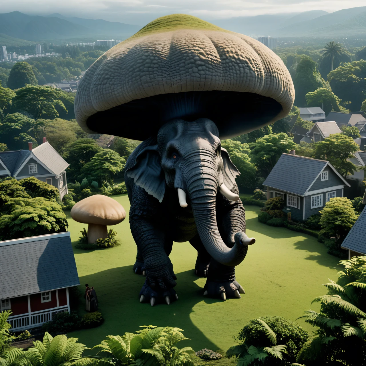 Photo frame from the film Godzilla if instead of Godzilla, the film featured a giant creature, looks like a giant anthropomorphic mushroom, connected to a giant elephant, the creature is shaped like a mushroom on thick four legs, at the top there is a giant mushroom cap combined with an elephant trunk and large elephant ears., 2 long tusks, the creature rises above houses and breaks everything in its path, shooting from above, high angle, cinematic treatment, granularity, cinematic lighting, A high resolution, large depth of field, A high resolution, cinematic detail, Texture smoothing, clear contours, High detail