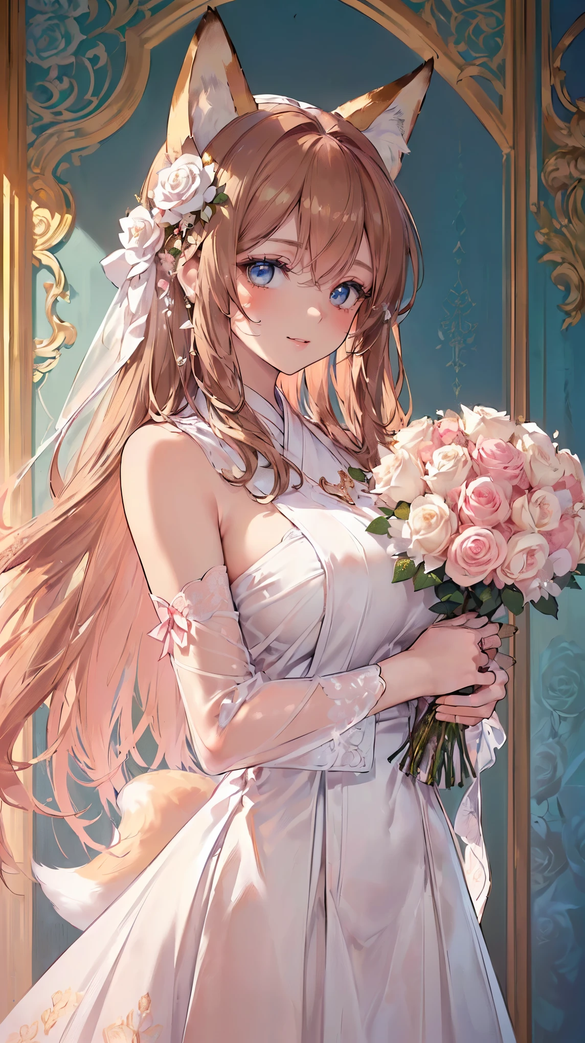 (((masterpiece))), (((highest quality))), ((ultra-detailed)), ((super fine illustration)), ((ultra-fine painting)), (16K highest quality wallpaper:1.4), (upper body:1.4), (Highly detailed and delicate illustration style,:1.8) detailed skin texture, detailed cloth texture, detailed rose flower texture, detailed wood texture, extreme detailed description, (T-masterpiece), (highly detailed face:1.4), original, RAW photo, professional, Intricate details, super details, Direct light:1.6, (Perfect anatomy:1.4), (highly detailed hands:1.2), (highly detailed fingers:1.2), (highly detailed fingertips:1.2), (22-years-old), real, (solo:1.6), (A very beautiful and attractive fox fashion model who is a messenger of God and a traditional sacred shrine maiden:1.4) BRAKE (Beautiful and adorable fox ears:1.6), (Highly detailed and delicate fox ears:1.4), (beautiful and well-shaped big breasts:1.2), (beautiful and well-shaped buttocks), (beautiful and shiny golden brown hair:1.6), (highly detailed and delicate golden brown hair:1.4), (beautiful clear blue eyes that shine with great detail:1.6), (highly detailed and delicate blue eyes:1.2), (highly detailed face:1.4), (smile:1.4), (looking at viewer:1.4), (standing:1.4), (Celebration:1.4) BRAKE ((A beautiful and gorgeous princess dress that is detailed and delicate to be worn at celebratory occasions:1.4)) BRAKE ((Holding in both hands a large bouquet of highly detailed and delicate ((white and pink roses)):1.3)) BRAKE (Just after noon:1.4), (Celebration:1.4), ((Highly detailed and delicate white rose flower and pink rose flower garden background:1.4)), (Highly detailed and delicate royal palace courtyard background in just after noon in spring:1.4) BRAKE