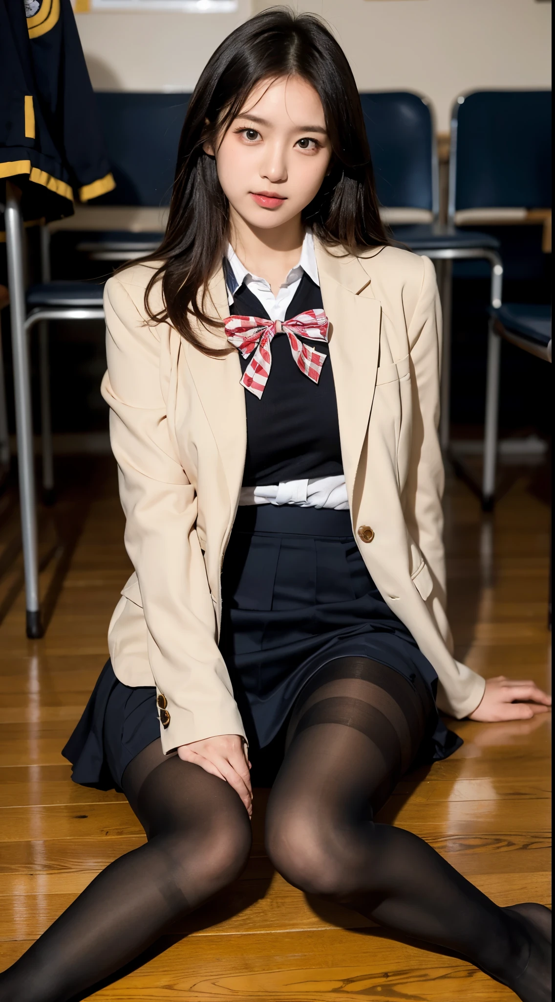 A woman in a skirt and jacket is sitting on the floor, hyper現実的なhigh school girl, a hyper現実的なhigh school girl, かわいいhigh school girl, 現実的なhigh school girl, wearing japanese school uniform, japanese school uniform, high school girlの格好をした, japanese girl uniform, wearing school uniformいる, wearing school uniform, (super realistic pantyhose:1.3), high school girl, of posing, girl in uniform