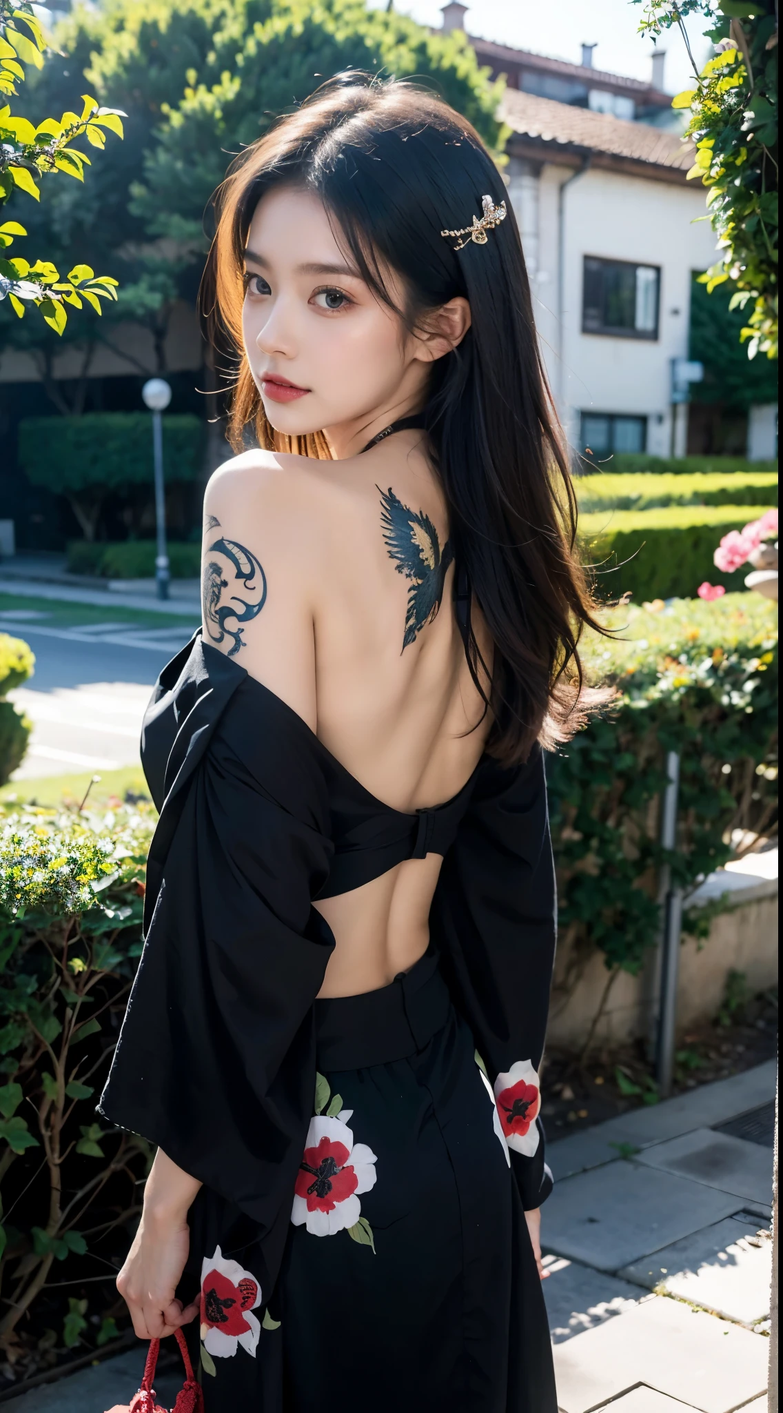 masterpiece, highest quality, highest quality, official art, beautiful and aesthetic:1.2),1 girl, tattoo, alone, kimono, red and black kimono, hair ornaments, unsheathing, black hair, sheath, back tattoo, dragon tattoo, blue eyes, off shoulder, bare shoulders, think back, from behind, flower, looking at the viewer, holding, compensate, outdoors,