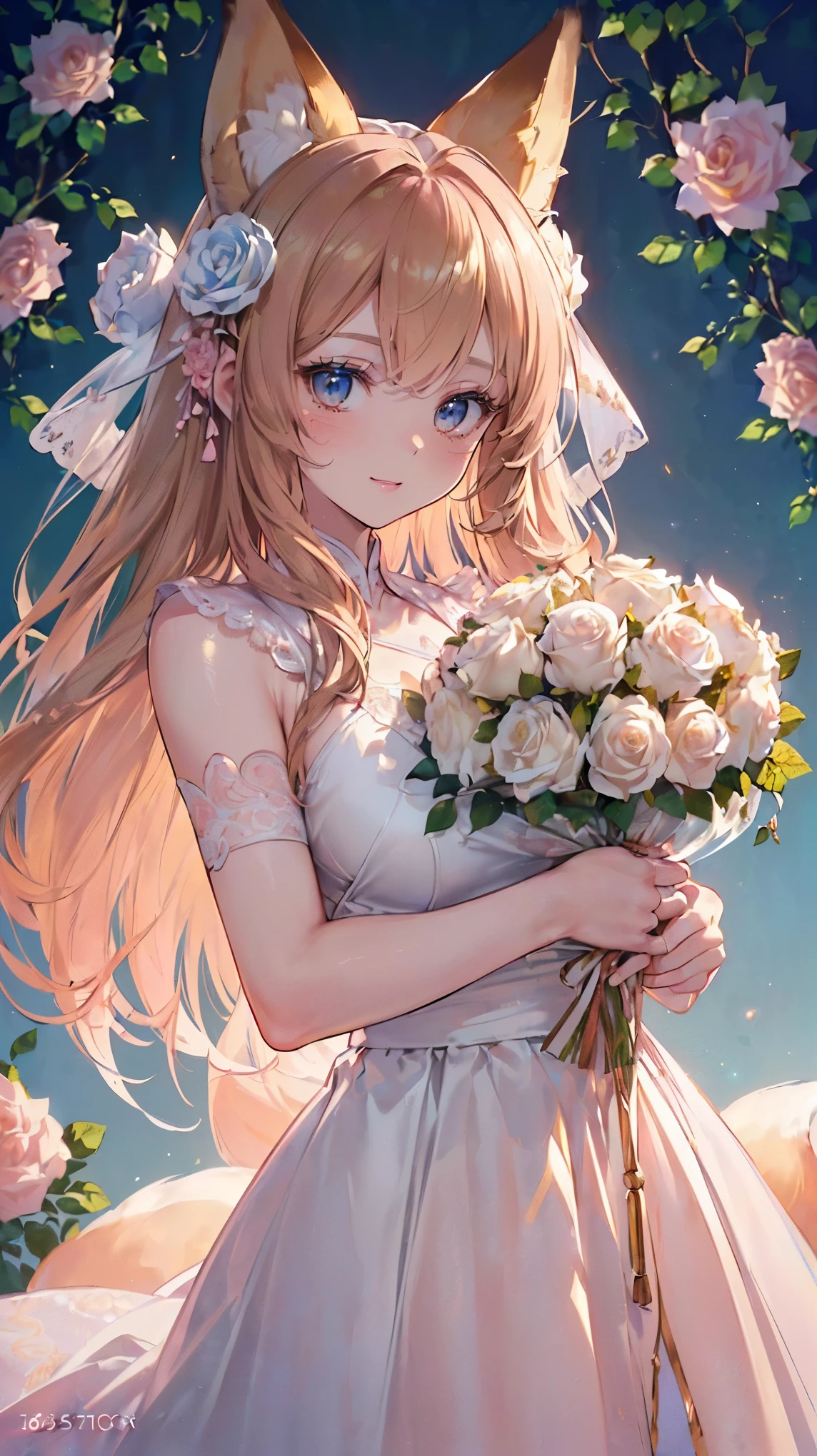 (((masterpiece))), (((highest quality))), ((ultra-detailed)), ((super fine illustration)), ((ultra-fine painting)), (16K highest quality wallpaper:1.4), (upper body:1.4), (Highly detailed and delicate illustration style,:1.8) detailed skin texture, detailed cloth texture, detailed rose flower texture, detailed wood texture, extreme detailed description, (T-masterpiece), (highly detailed face:1.4), original, RAW photo, professional, Intricate details, super details, Direct light:1.6, (Perfect anatomy:1.4), (highly detailed hands:1.2), (highly detailed fingers:1.2), (highly detailed fingertips:1.2), (22-years-old), real, (solo:1.6), (A very beautiful and attractive fox fashion model who is a messenger of God and a traditional sacred shrine maiden:1.4) BRAKE (Beautiful and adorable fox ears:1.6), (Highly detailed and delicate fox ears:1.4), (beautiful and well-shaped big breasts:1.2), (beautiful and well-shaped buttocks), (beautiful and shiny golden brown hair:1.6), (highly detailed and delicate golden brown hair:1.4), (beautiful clear blue eyes that shine with great detail:1.6), (highly detailed and delicate blue eyes:1.2), (highly detailed face:1.4), (smile:1.4), (looking at viewer:1.4), (standing:1.4), (Celebration:1.4) BRAKE ((A beautiful and gorgeous princess dress that is detailed and delicate to be worn at celebratory occasions:1.4)) BRAKE ((Holding in both hands a large bouquet of highly detailed and delicate ((white and pink roses)):1.3)) BRAKE (Just after noon:1.4), (Celebration:1.4), ((Highly detailed and delicate white rose flower and pink rose flower garden background:1.4)), (Highly detailed and delicate royal palace courtyard background in just after noon in spring:1.4) BRAKE