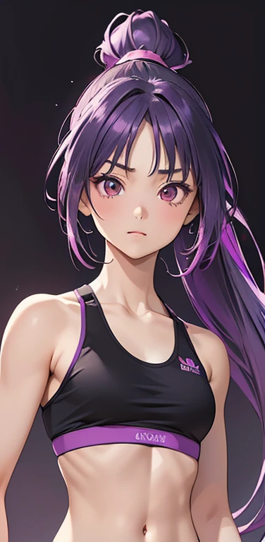 (8K、highest quality、masterpiece:1.2)、anime coloring、super resolution、Realistic、(1girl)  、(purple gradient hair,ponytail)、long straight hair,(red eyes)、(forehead:1.2),(face focus,upper body),(black sports bra,bmuscularlack :1.3)、(clear face:1.3),(cute face)、,(small breasts).gradient background、muscular