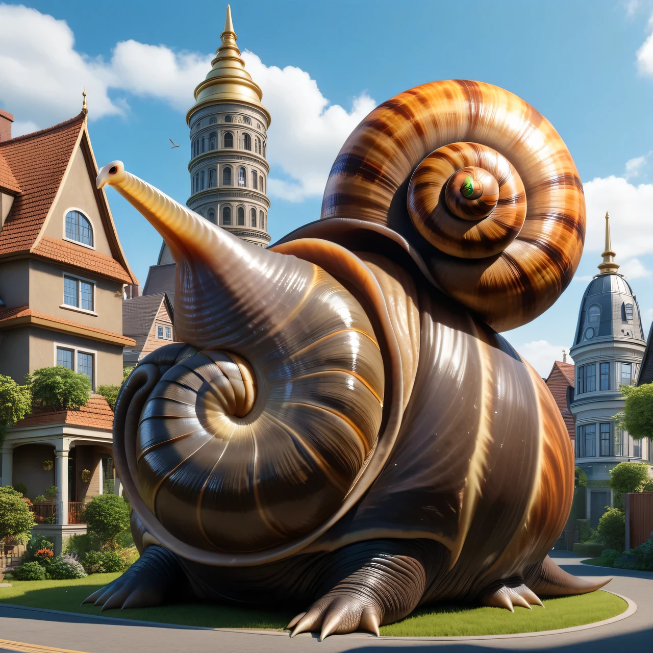 Realistic photo of a large giant elephant snail., the creature combines an elephant and a snail, full pose, Whole body, The giant elephant snail is very large and towers over houses., Giantpunk, High detail, many image details, 8K, Hyperrealistic, difficult, transparent