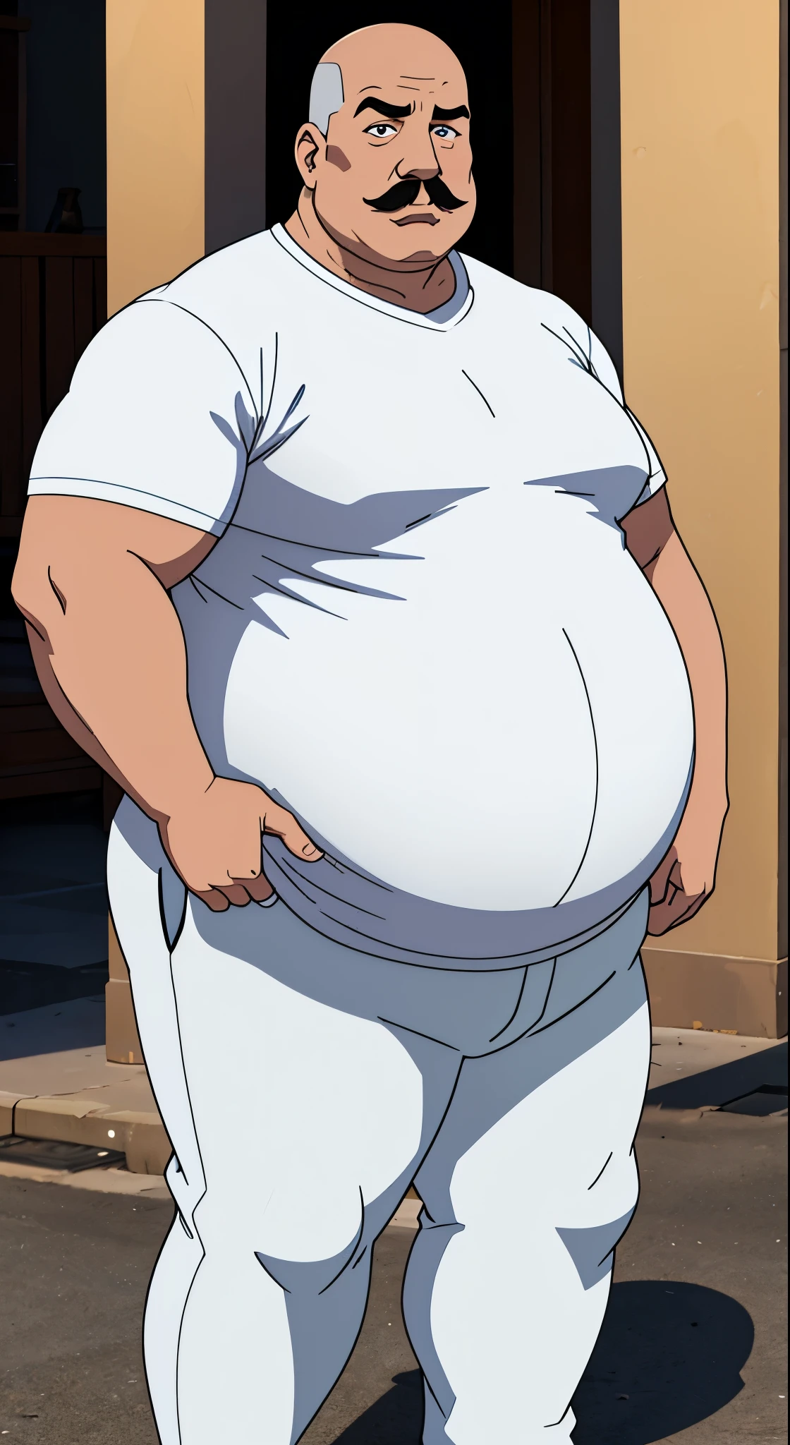 50 year old man, (fat), white skin, bald, 8k resolution, standing, detailed face, detailed eyes, with mustache, white shirt, ((black pants)), chubby cheeks, full body, irritated