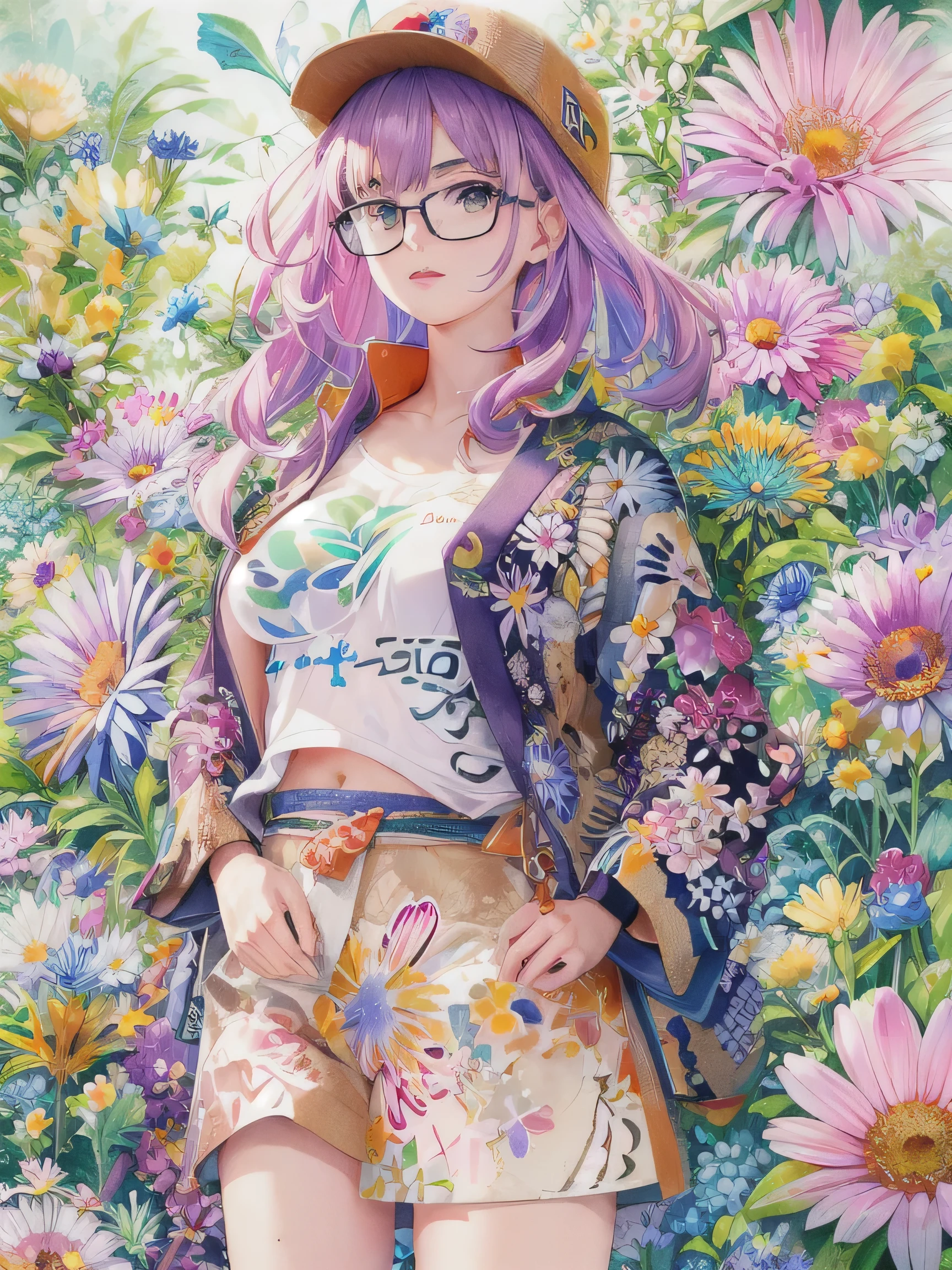 8K quality, watercolor painting, stylish design, (((The strongest beautiful girl of all time))), (((Japanese)))、Idol、clear, stylish glasses, Fashionable hats, (((highest quality))), bob hair, Place your hands on the wall, HDR, ((Detailed details)), stylish fashion, detailed clothing texture, (((graffiti art))), colorful hair, ((masterpiece))、((Super detailed))、(((colorful flowers)))、scent of spring、Navel exposure、I can see your nipples、Fashionable underwear