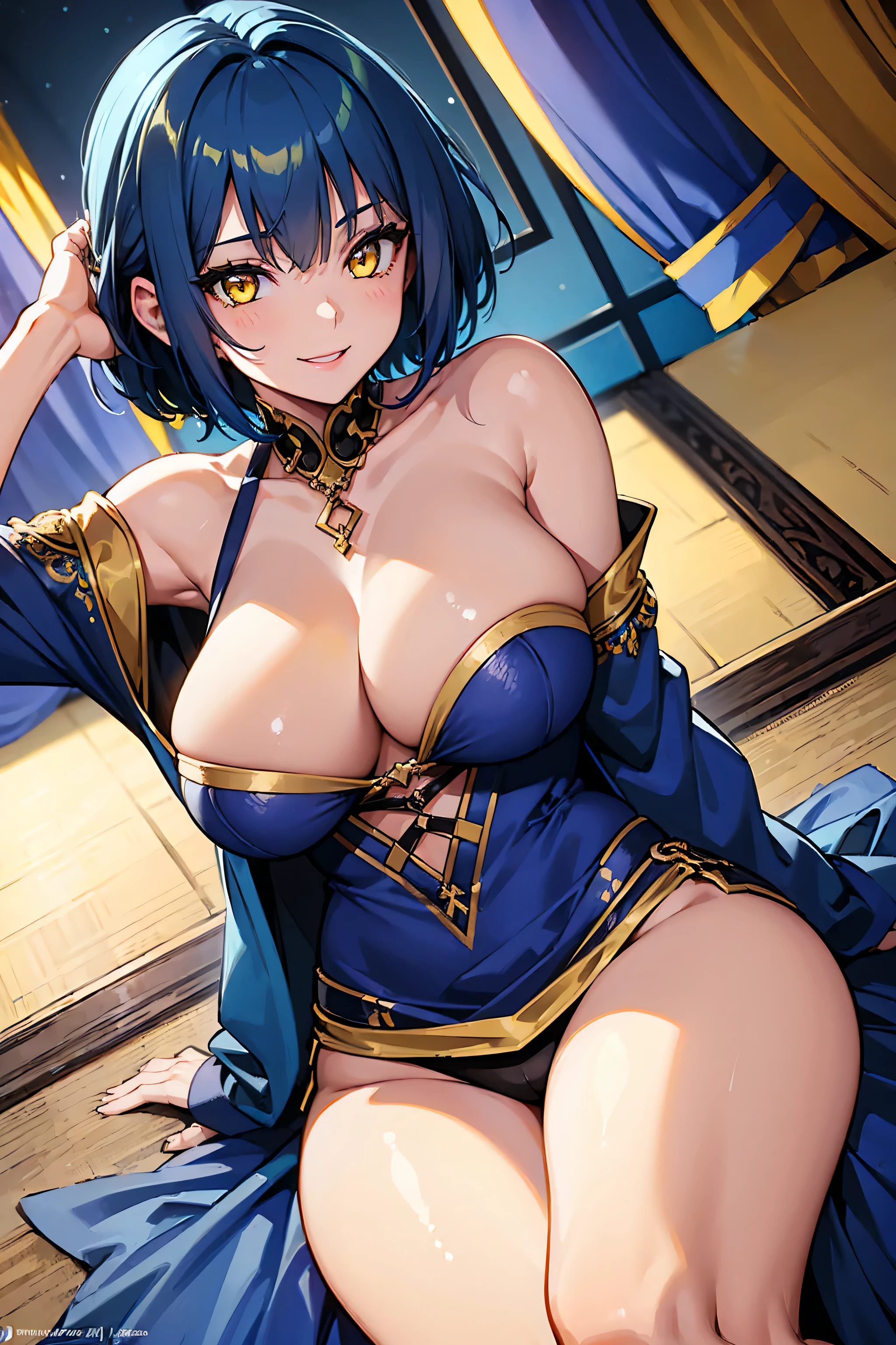 (((1 girl))), ((detailed yellow eyes)), ((short blue hair)), mischievous smile, large breasts, wearing gypsy clothing, best quality, masterpiece, ultra-detailed 