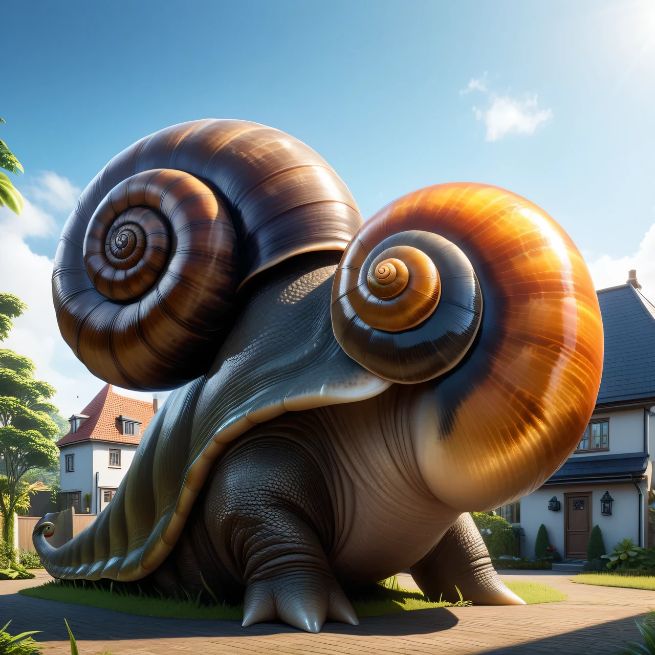 Realistic photo of a large giant elephant snail., the creature combines an elephant and a snail, the creature has a large head with a transparent body and large compound eyes, eyes cast different reflections, full pose, Whole body, The giant elephant snail is very large and towers over houses., Giantpunk, High detail, many pictures with details, 8K, Hyperrealistic, difficult, transparent