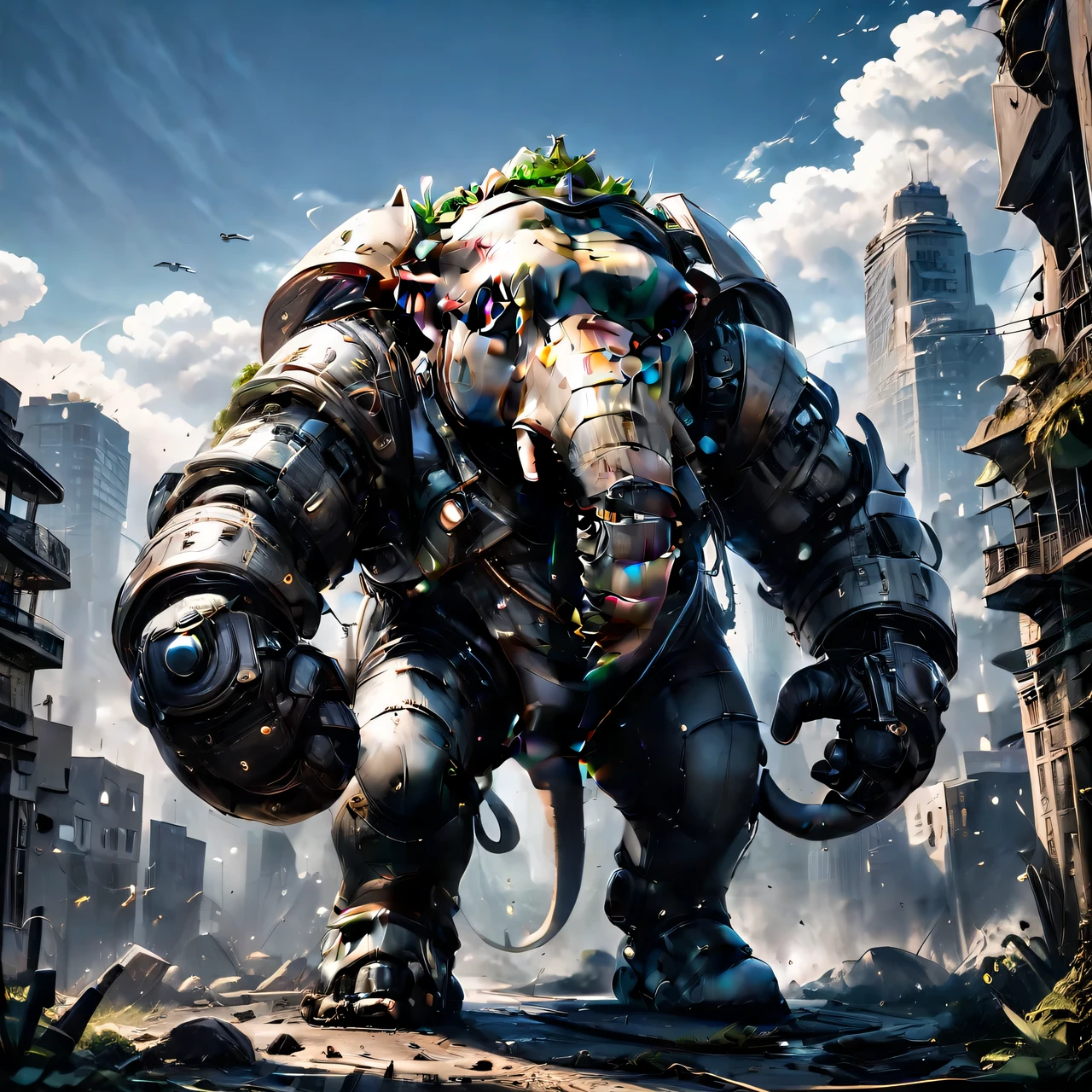 realistic photography, depicting a large giant creature, elephant-like, with a large snail shell on its back., the creature has a large head with a transparent body and large compound eyes, eyes cast different reflections, the creature glistens with mucus covering it, the slime drips onto the ground and leaves a shiny, slimy trail behind the creature, the creature towers over houses and cars, full pose, whole body, The giant elephant snail is very large and towers over houses., Giantpunk, High detail, many image details, 8K, Hyperrealistic, difficult, transparent