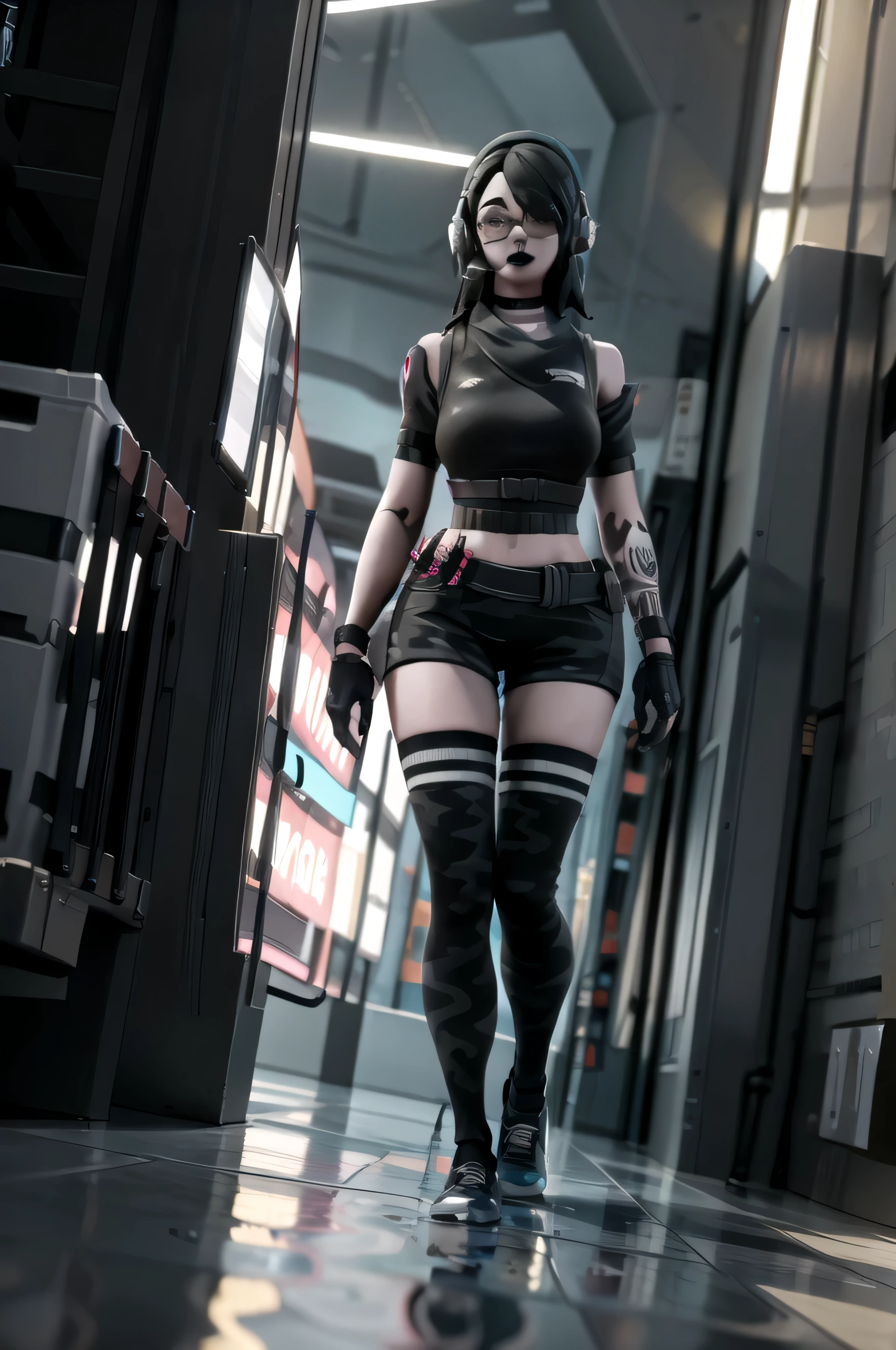 1girl, black hair,, glasses, goth, choker, 3d render, white shirt, off shoulder, cyberpunk, neon lights, opalescent, horror_\(theme\), headphones, belts on crop top, black and gray camo thigh high socks, black high to canvas shoes, wet akin, wet chothes, wet hair, wet shorts, wet socks, Night, glowing city,Towering skyscrapers with sleek, modern designs,Flying cars zooming through the air, Busy streets filled with bustling crowds of people,A monorail or other advanced transportation system, A giant holographic display or billboard advertising the latest technology, Massive video screens displaying colorful, vibrant images, Automated robots performing tasks such as cleaning or delivering packages, Advanced solar panel arrays or other green energy sources, Elevated pedestrian walkways connecting buildings, Giant wind turbines or other renewable energy structures,Futuristic architecture such as buildings with curved or irregular shapes,High-tech security systems such as drones or facial recognition cameras,Large, glass-domed structures housing indoor gardens or other green spaces, Advanced manufacturing or research facilities producing cutting-edge technology,Futuristic art installations or sculptures, unreal engine, masterpiece, 8k , neonwater_droplets, sidewalk, puddle, rain_\(weather\), water_ripples, light_refraction, walking to viewer, holdomg a revolver,revolver, long barrel, wood grip, revolver gun, six shooter